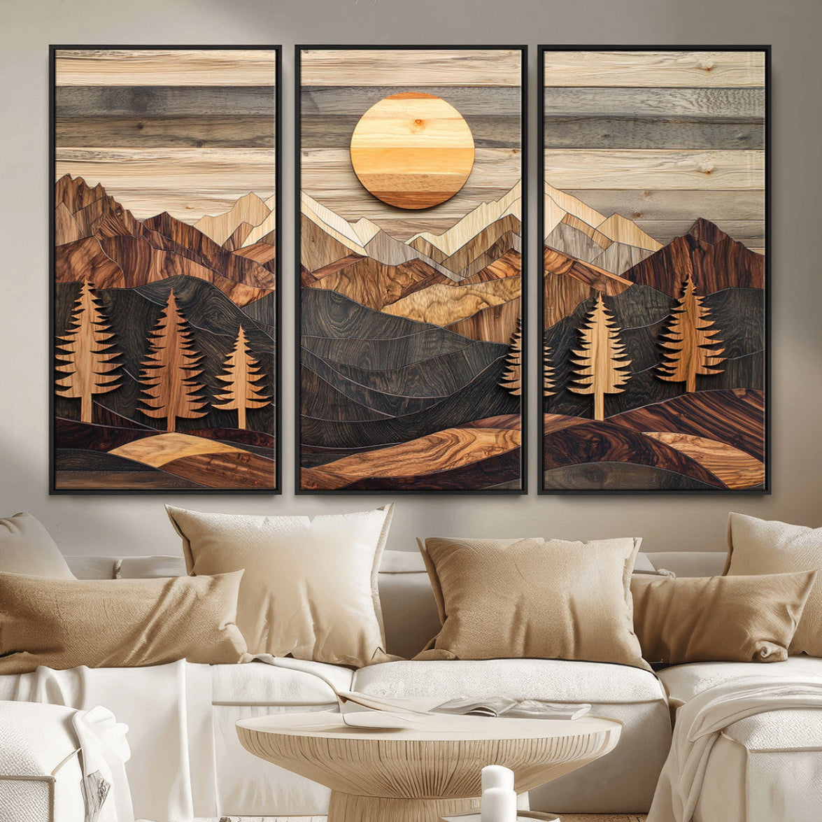 19832326-MGV-CV-36X24 - Wooden Mountain Layers Canvas Wall Art – Rustic Pine Tree Landscape with Sunlight Artistic Nature