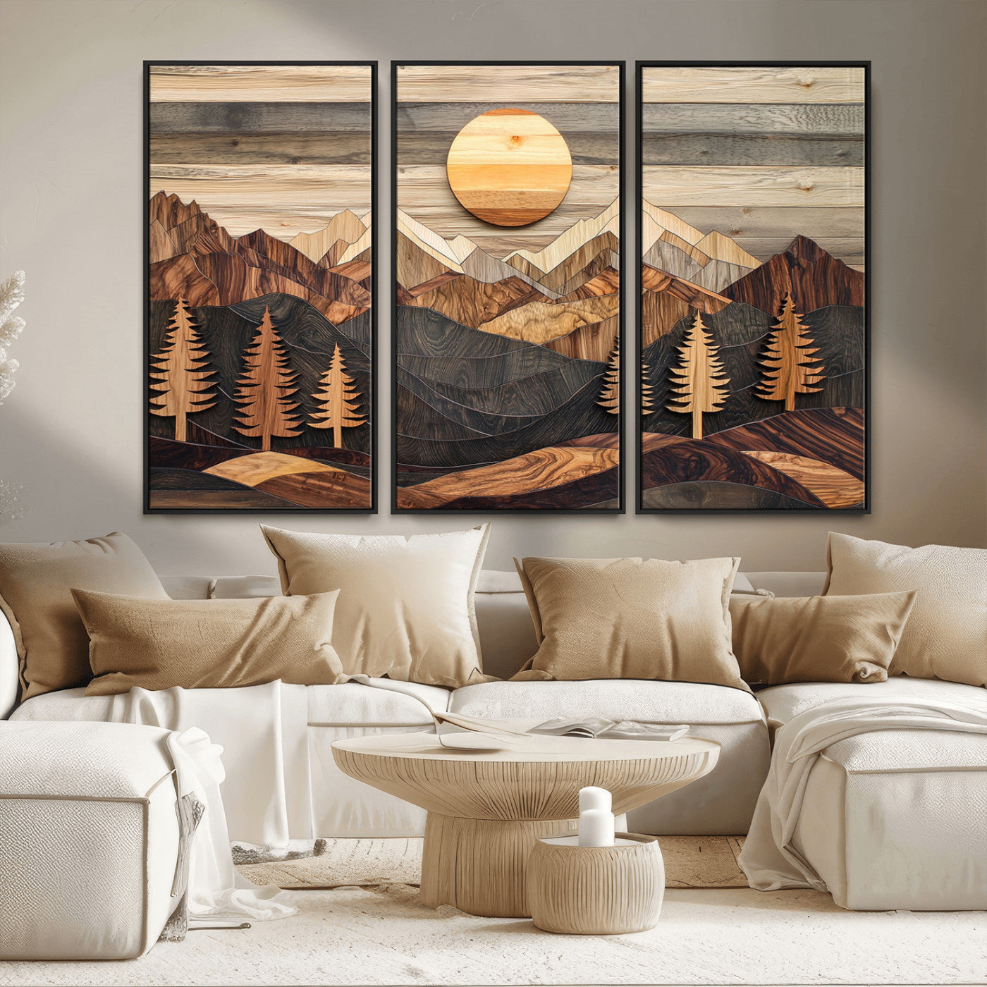 19832326-MGV-FC-48X32-3P - Wooden Mountain Landscape Layered Texture Geometric Shapes Sun Pine Trees Rustic Natural Tones Art