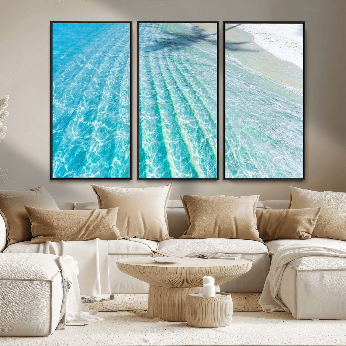 46233906-MGV-CV-36X24 - Serene Clear Blue Ocean Water Canvas Wall Art – Soft White Sand Shore Coastal Print for Home Decor, Relaxation, and Tranquil Vibes
