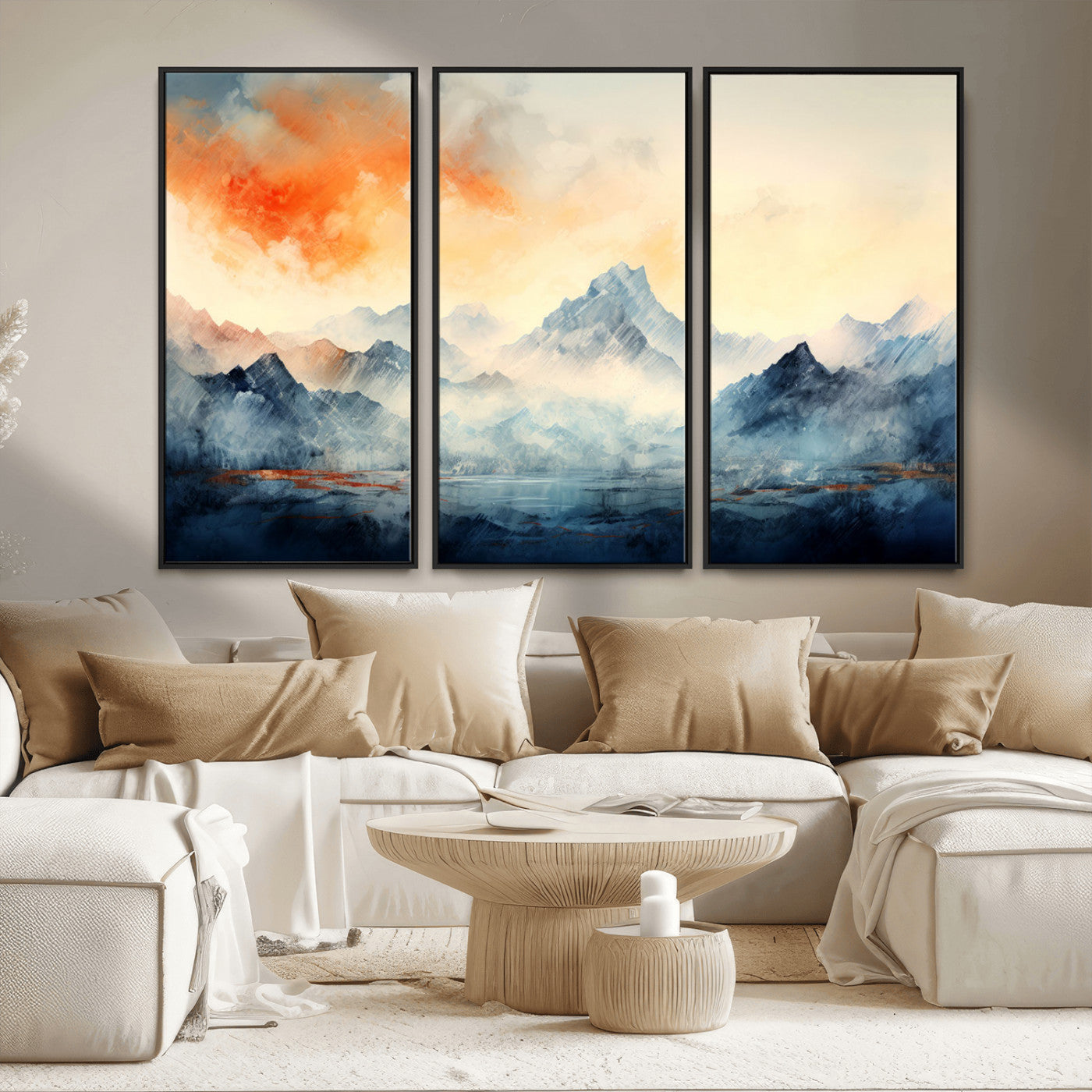 WRM1005-MGV-FC-48X32-3P - Warm Clouds Abstract Mountain Wall Art, Modern Landscape Canvas Print, Minimal Framed Artwork for Home, Office