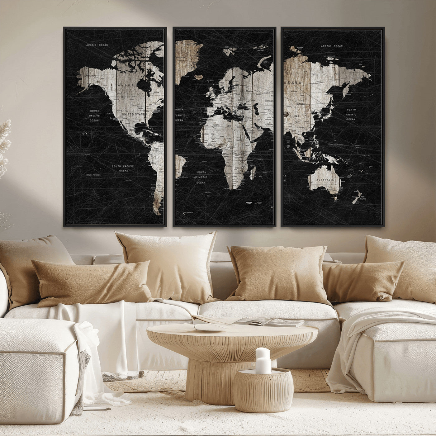 89998-MGV-FC-48X32-3P_Black-Rustic Black and Wood World Map Canvas Wall Art – Framed Push Pin Travel Map for Home and Office Decor, Modern Vintage Wall Artwork