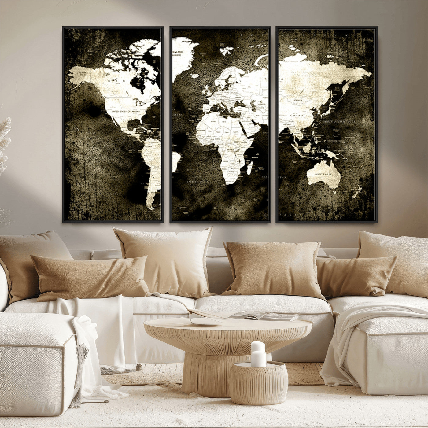 66737-MGV-CV-36X24-Vintage World Map Canvas Wall Art – Framed Push Pin Travel Map for Home and Office Decor, Rustic Wall Artwork for Travelers