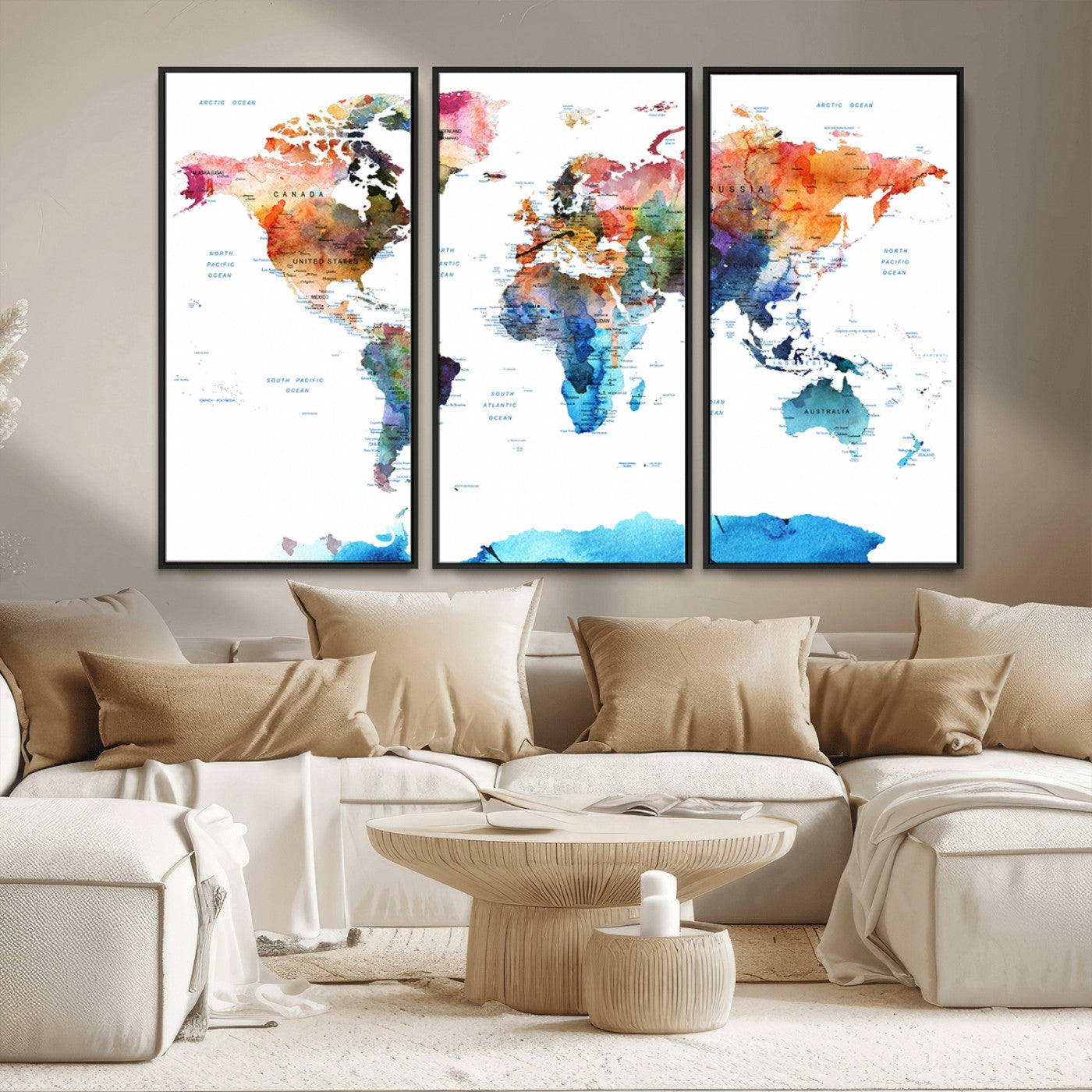 11576-MGV-CV-36X24-Vibrant Watercolor World Map Canvas Wall Art – Framed Push Pin Travel Map for Home and Office Decor, Modern Colorful Wall Artwork