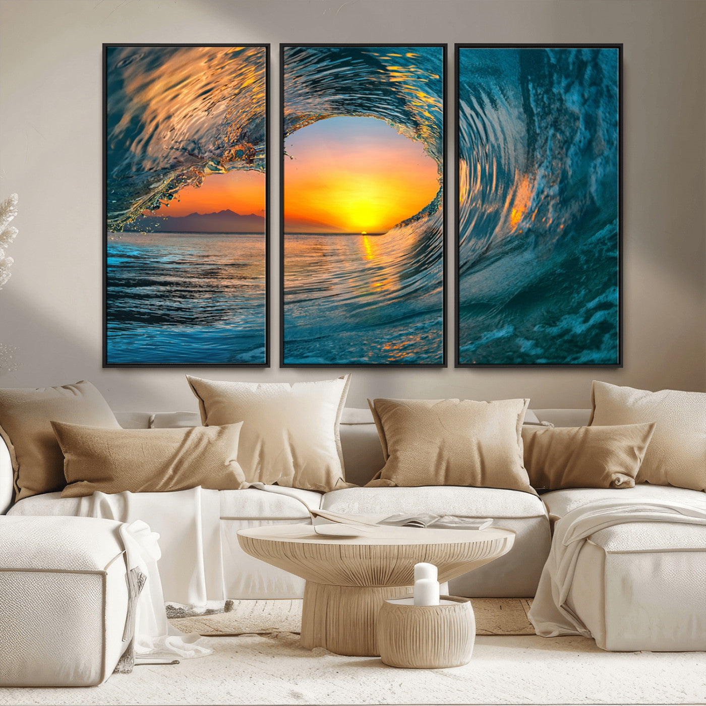 84279-MGV-CV-36X24-Ocean Wave Sunset Wall Art | Large Coastal Wave Canvas Print | 3-Panel Ocean Sunset Seascape for