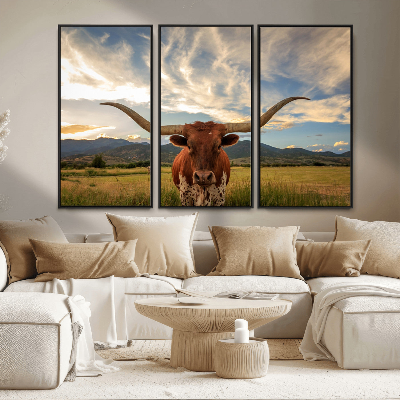 55416-MGV-CV-36X24-Texas Longhorn Canvas Wall Art – Majestic Triptych Animal Print – Rustic Western Decor for Living