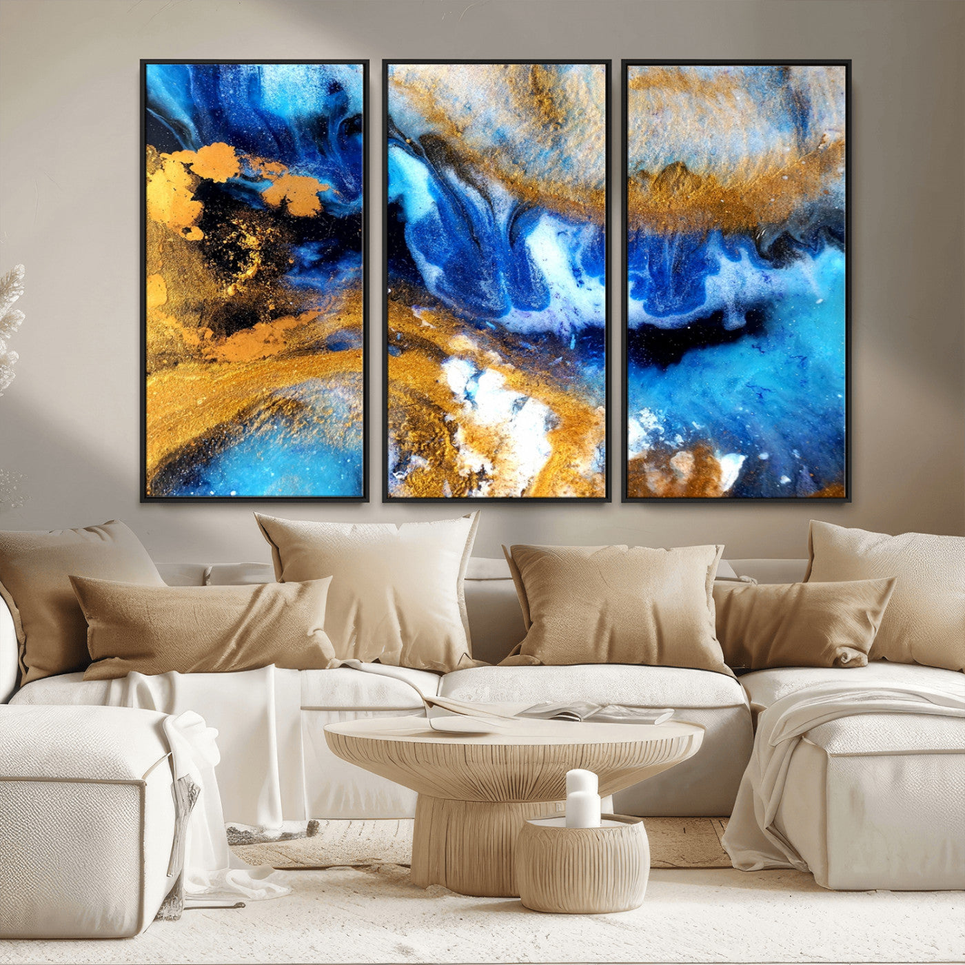 42100-MGV-CV-36X24-Blue Orange Marble Fluid Effect Canvas Wall Art Print