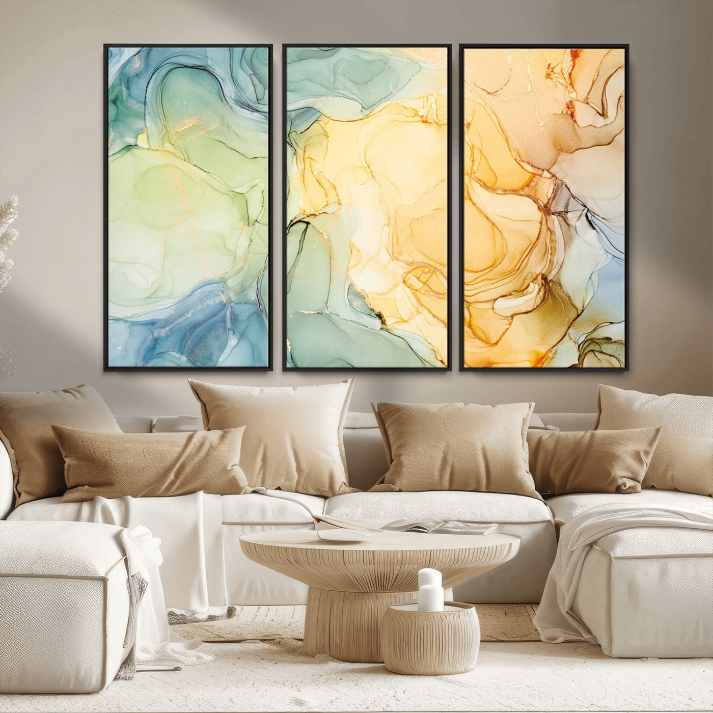 42195-MGV-FC-48X32-3P_Black-Green and Yellow Marble Fluid Effect Wall Art, Green and Yellow Marble Canvas Wall Art Print