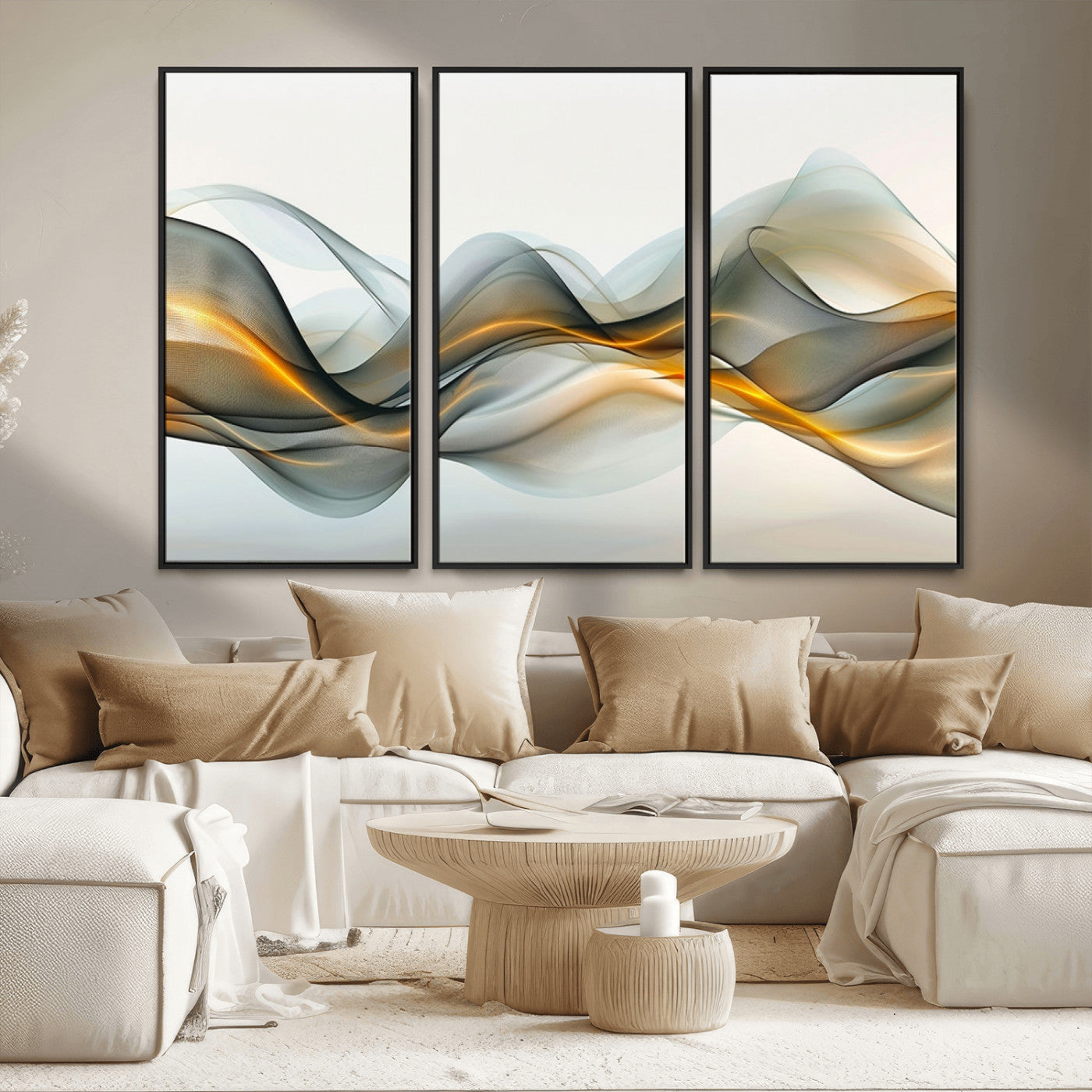 ES1001-MGV-FC-48X32-3P_Black-Abstract Wave Canvas Wall Art – Fluid Contemporary Elegance in Motion – Ready to Hang