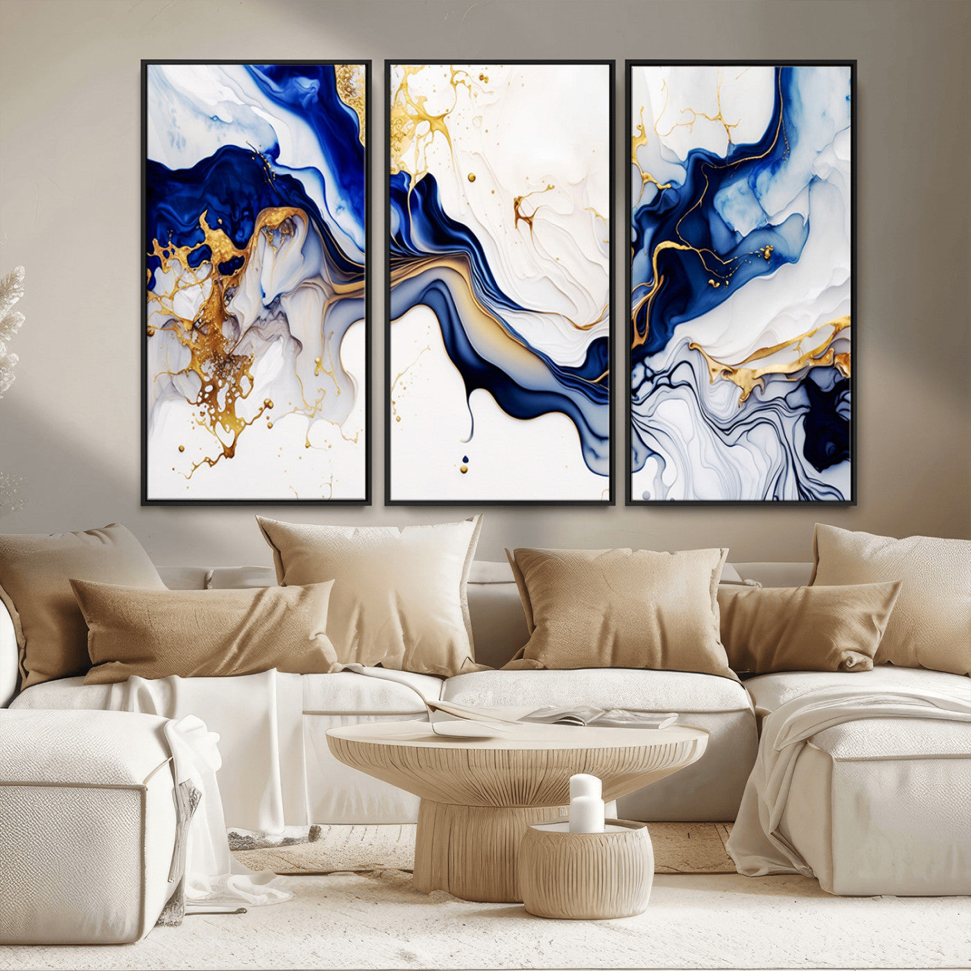 93392-MGV-FC-48X32-3P_Black-Golden Cascades on Midnight Blue – Deep Blue Abstract Wall Art Flowing Elegance | Wall Art Canvas,