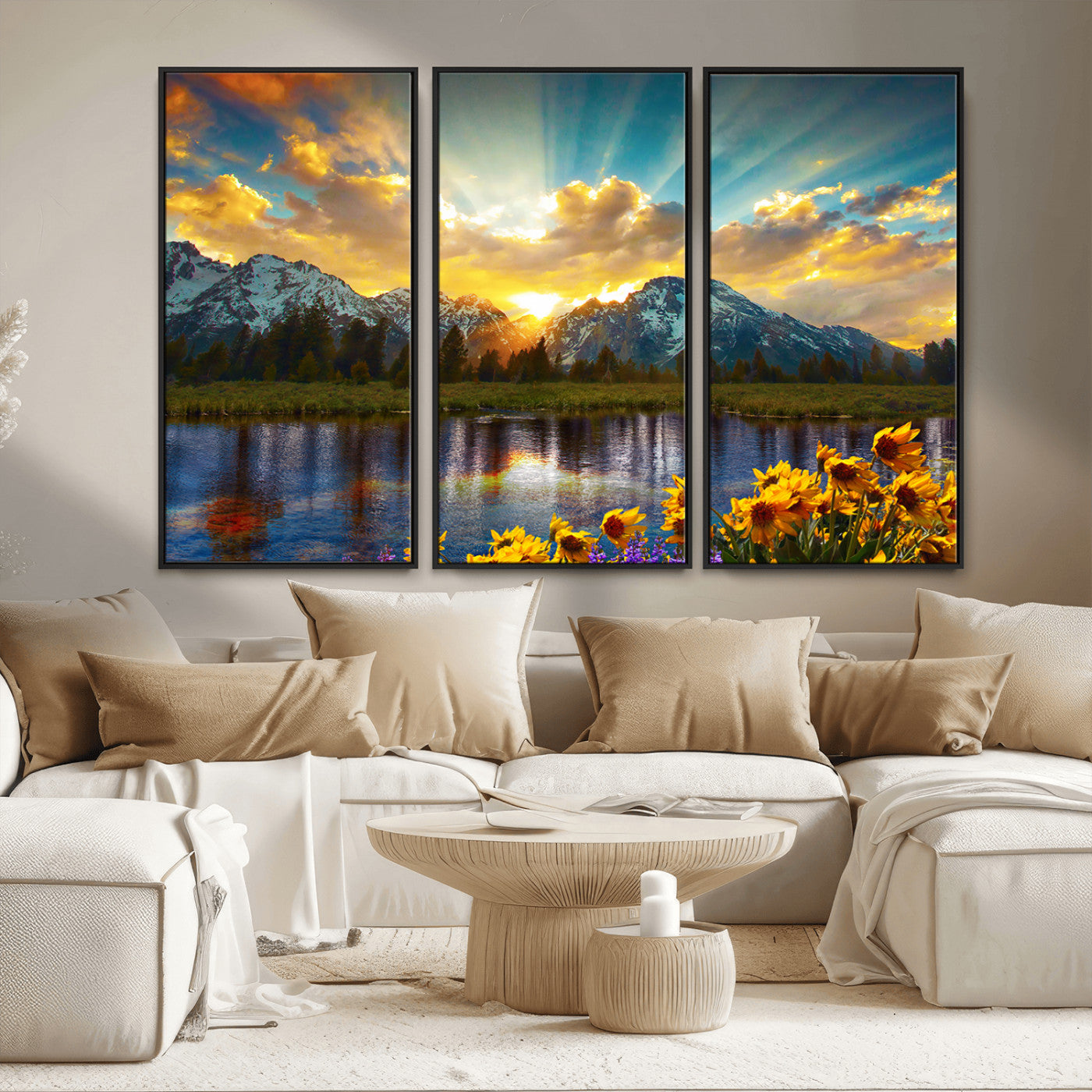 42292-MGV-CV-36X24-Mountain Sunrise Wall Art – Vibrant Landscape Canvas Print with Wildflowers and River Reflection, Nature Scenery Decor for Living Room or Bedroom