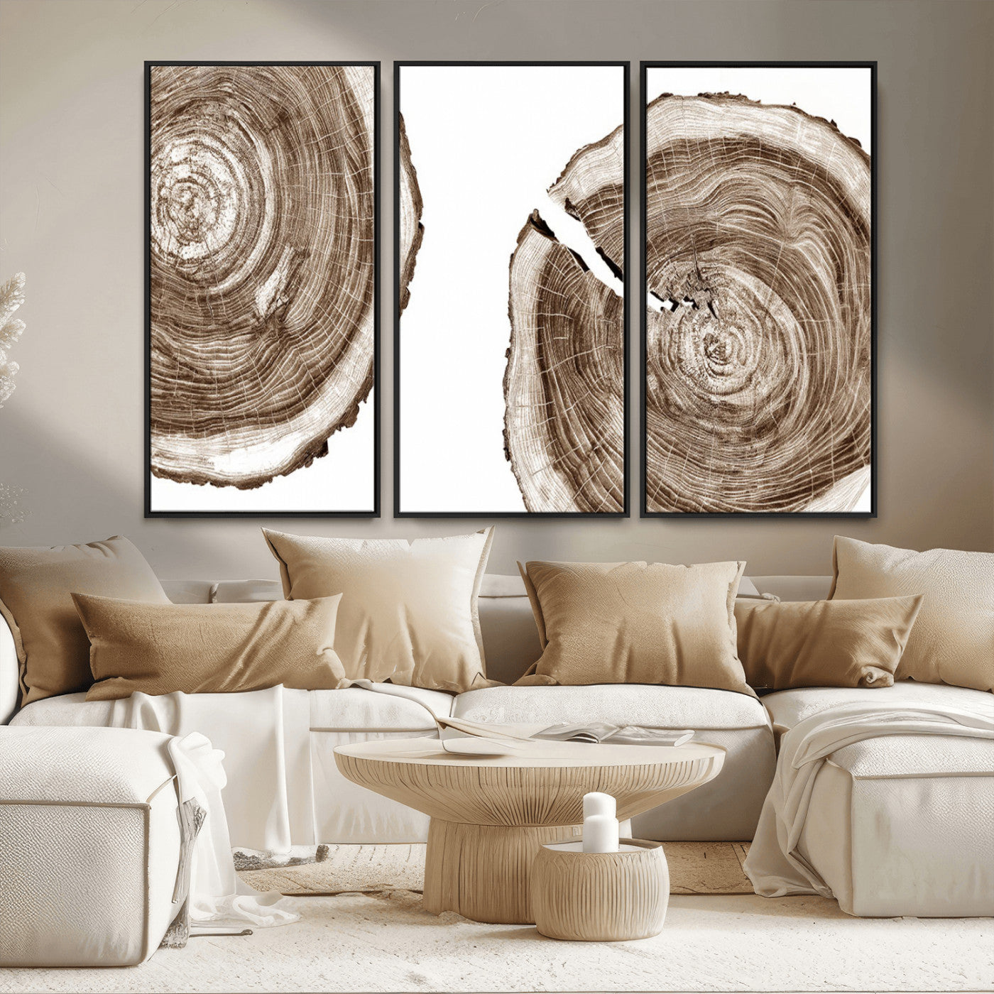 43743-MGV-CV-36X24-Wood Tree Ring Wall Art Canvas Prints, Tree Rings – Minimalist Black and White Wood Art | Triptych