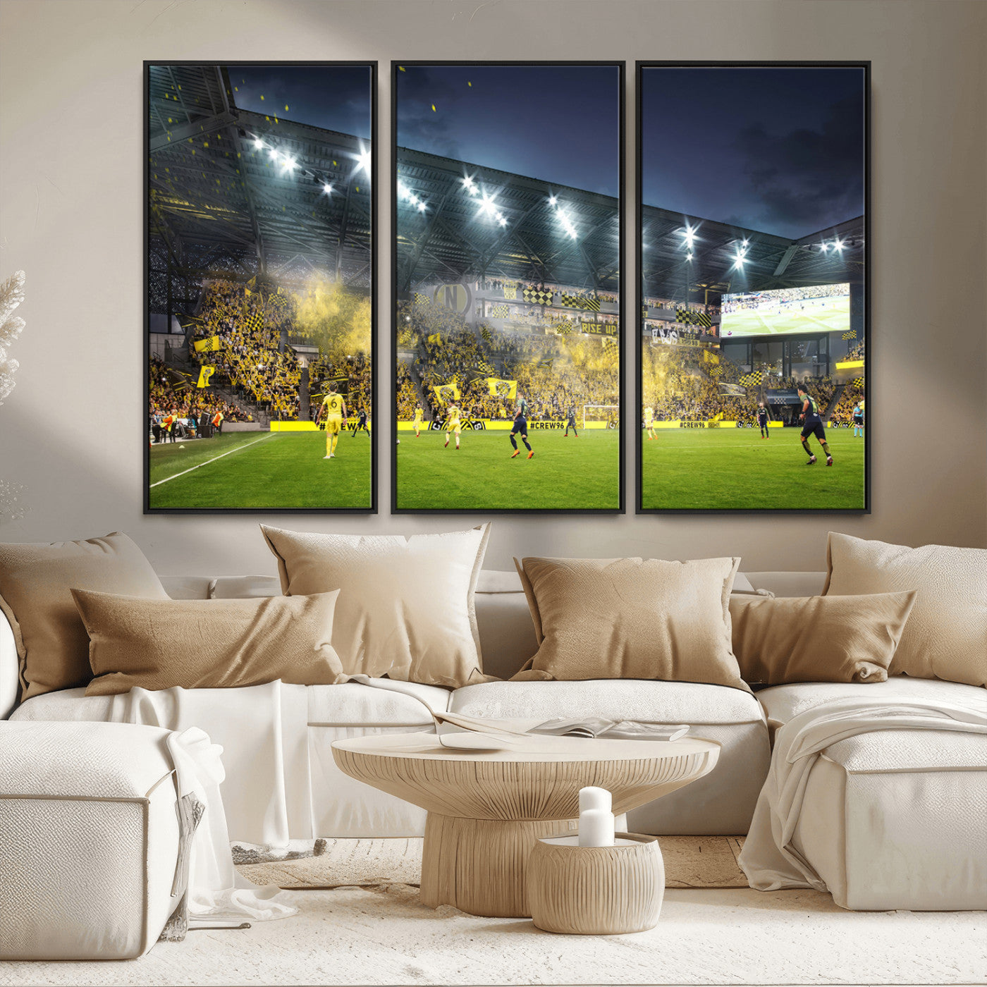 65820-MGV-FC-48X32-3P_Black-Columbus Crew Stadium Match Triple Canvas Wall Art - Dynamic MLS Game Scene Canvas Wall Art