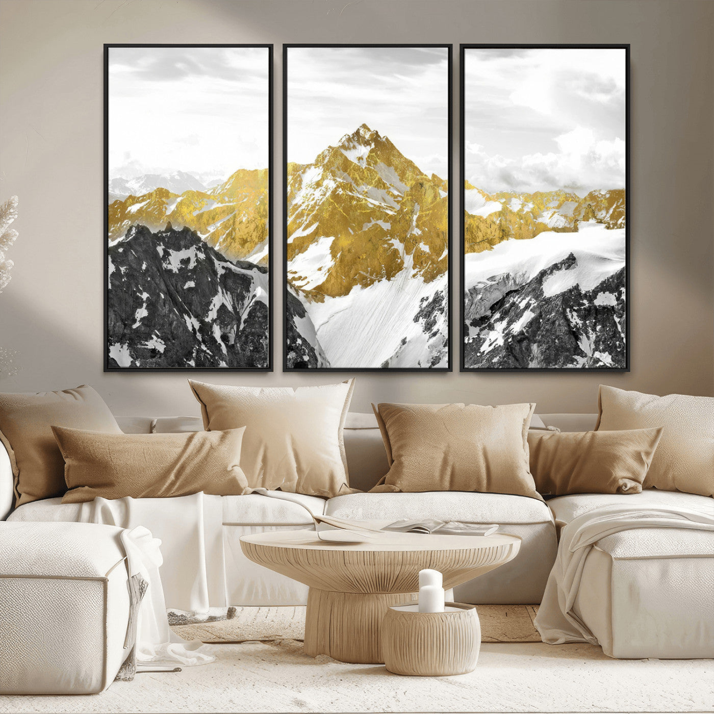 32102-MGV-FC-48X32-3P_Black-Gold Abstract Mountains Wall Art Print on Canvas, Nature Wall Art Print,