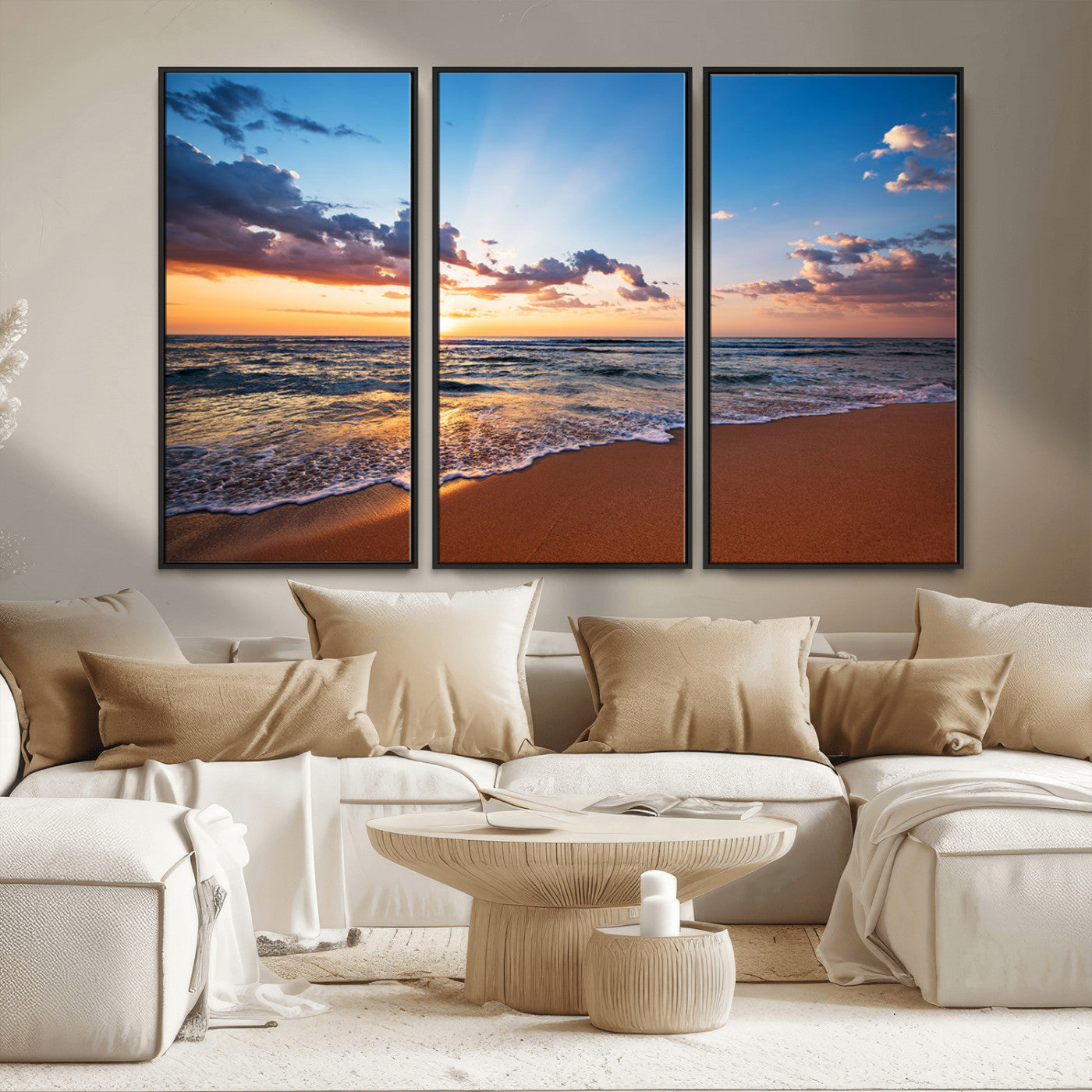 68915-MGV-FC-48X32-3P_Black-Golden Hour Beach Sunset Wall Art | Canvas Print | Ready to Hang | Coastal Wall Art for Living Room