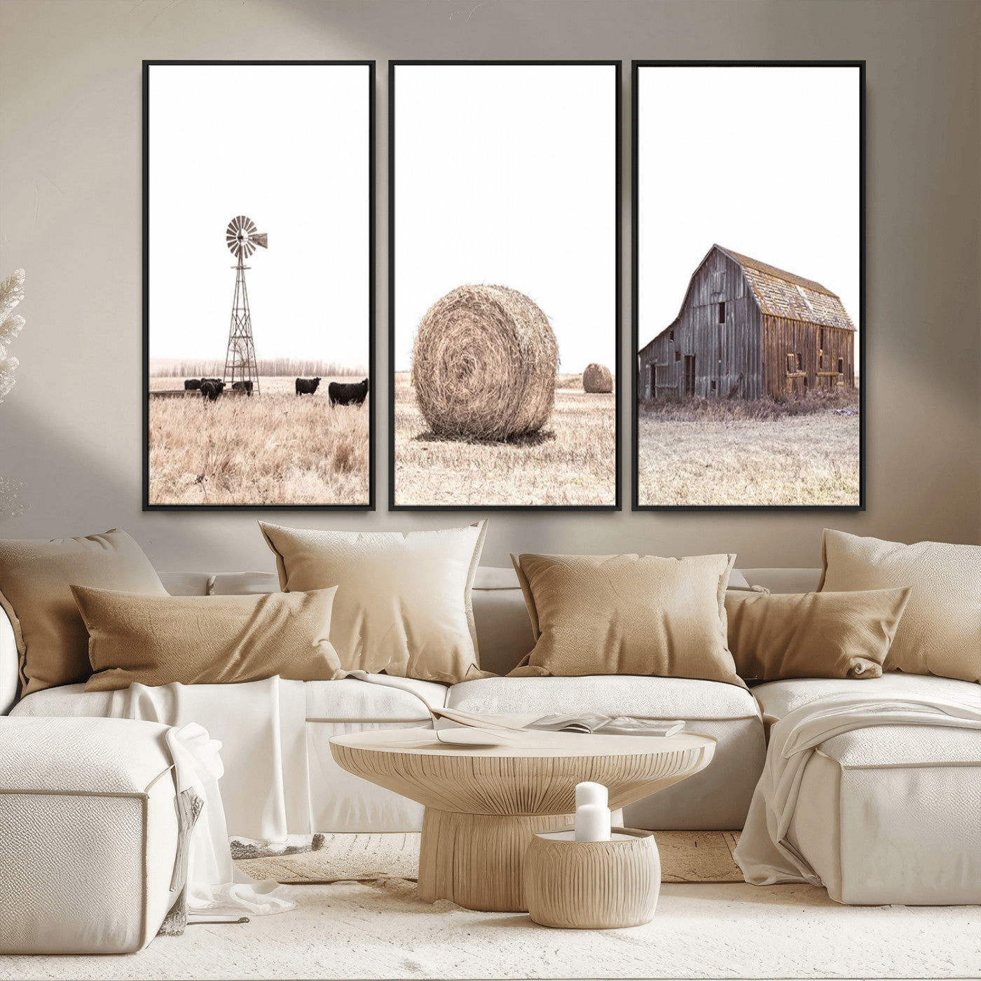 30918-MGV-FC-48X32-3P_Black-Rustic Farmhouse Wall Art Set of 3 – Country Barn and Wheat Field | Farm Prints for Country Home and