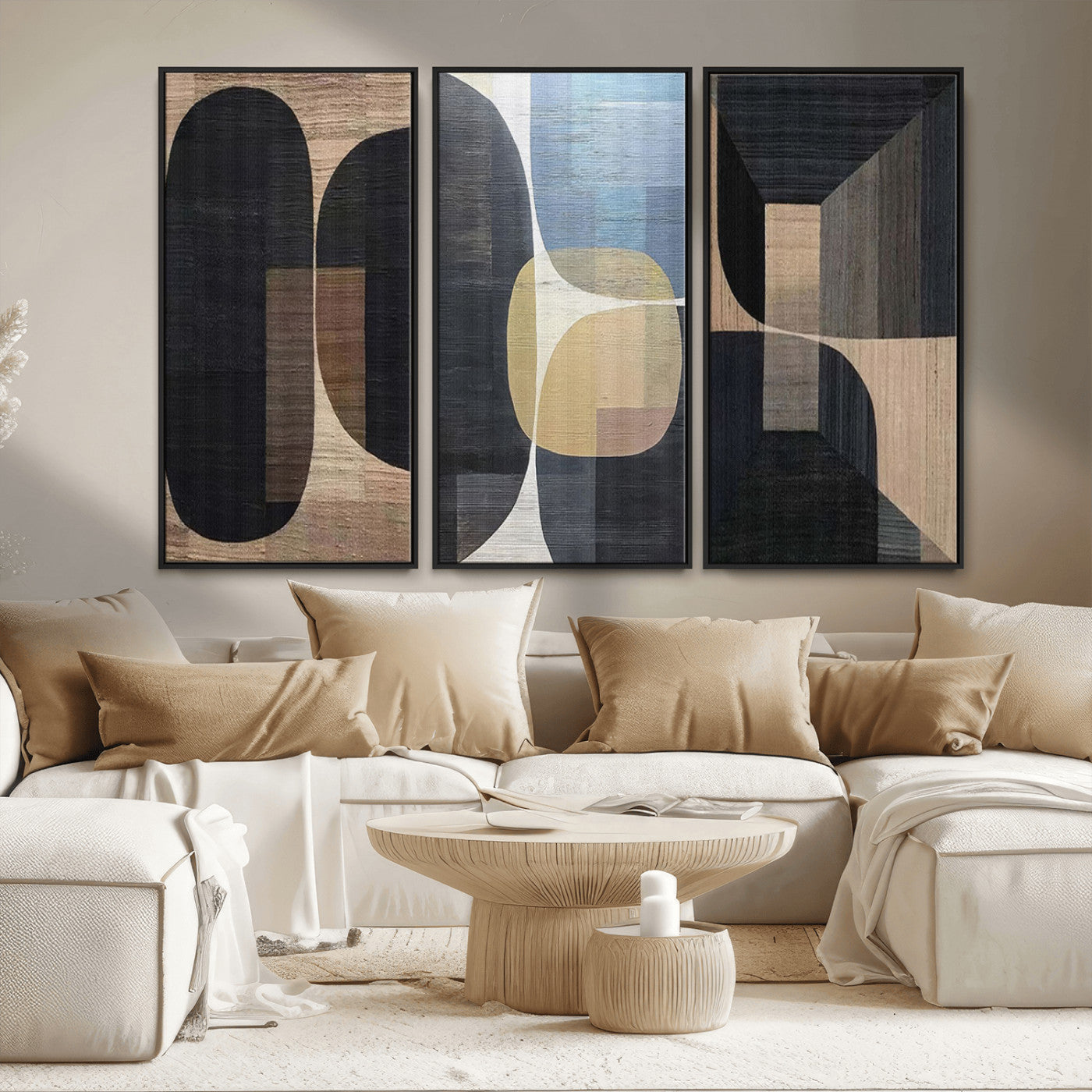 75252-MGV-FC-48X32-3P_Black-Minimalist Wabi Sabi Abstract Geometric Wall Art Canvas Print – Modern Minimalist Shapes – Ready to