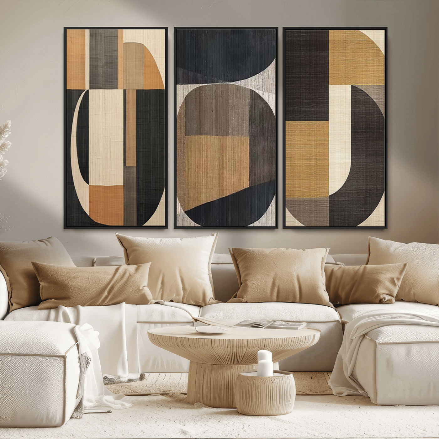 84035-MGV-FC-48X32-3P_Black-Modern Brown Wabi Sabi Wall Art Canvas Print Set – Framed Minimalist Abstract Artwork for Home, Office Decor