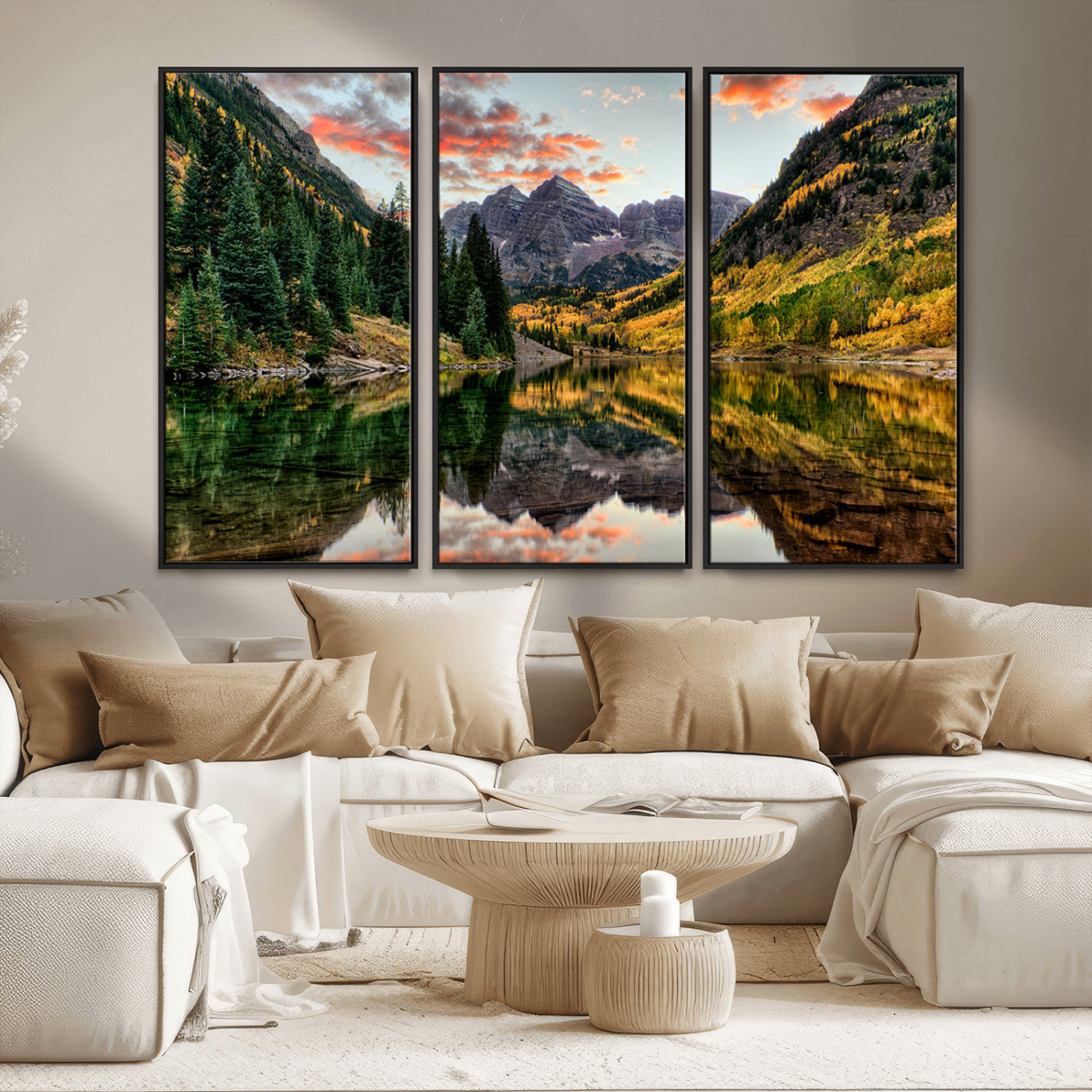 14376-MGV-FC-48X32-3P_Black-Maroon Bells Wall Art - Scenic Canvas Print of Maroon Bells in Autumn for Elegant Home or Office