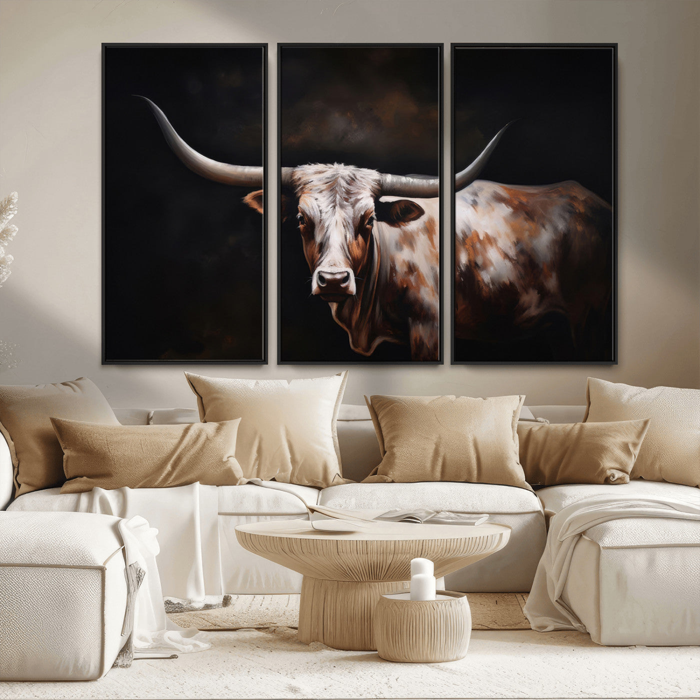 82543-MGV-FC-48X32-3P_Black-Texas Longhorn Wall Art Canvas Print | Western Ranch Decor | Bold Rustic Cattle Artwork | Ready to
