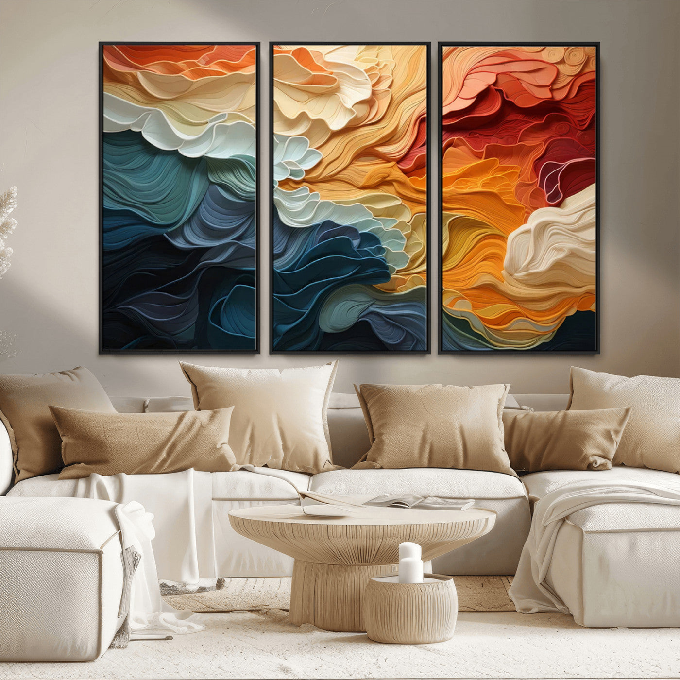 31634-MGV-FC-48X32-3P_Black-Blue Orange Abstract Wave Wall Art Canvas Print, Framed Blue Orange Wave Wall Art