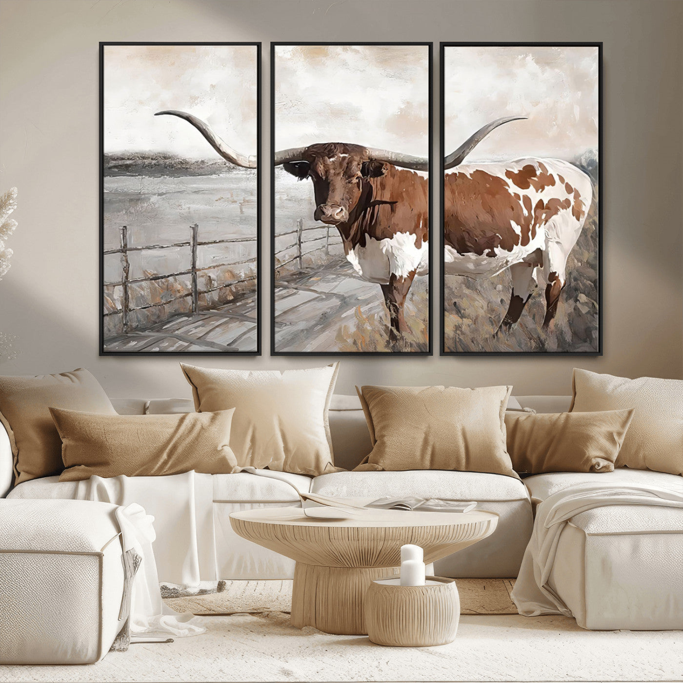 57340-MGV-FC-48X32-3P_Black-Vintage Texas Cow Wall Art Canvas Print, Rustic Longhorn Wall Art | Canvas Print for Farmhouse Decor