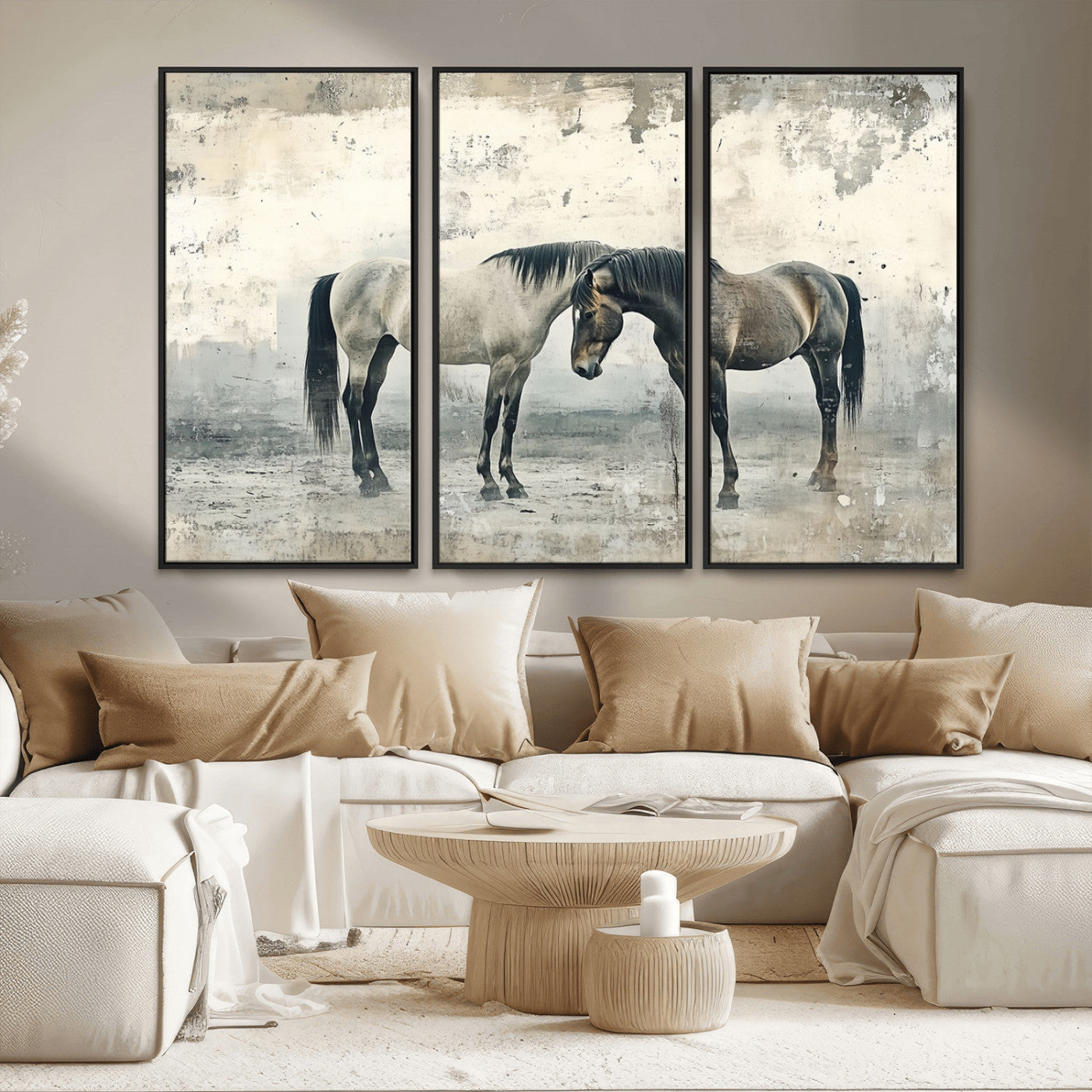 33288-MGV-FC-48X32-3P_Black-Chines Style Majestic Horses Wall Art | Ready to Hang and Framed Triptych Print | Western Farmhouse
