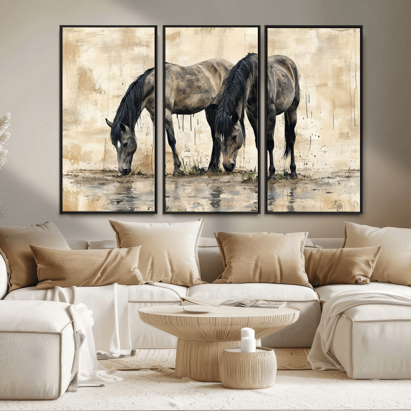 45159-MGV-FC-48X32-3P_Black-Chinese Style Abstract Black Horses Wall Art Canvas Print - Abstract Horse Wall Art Canvas Print