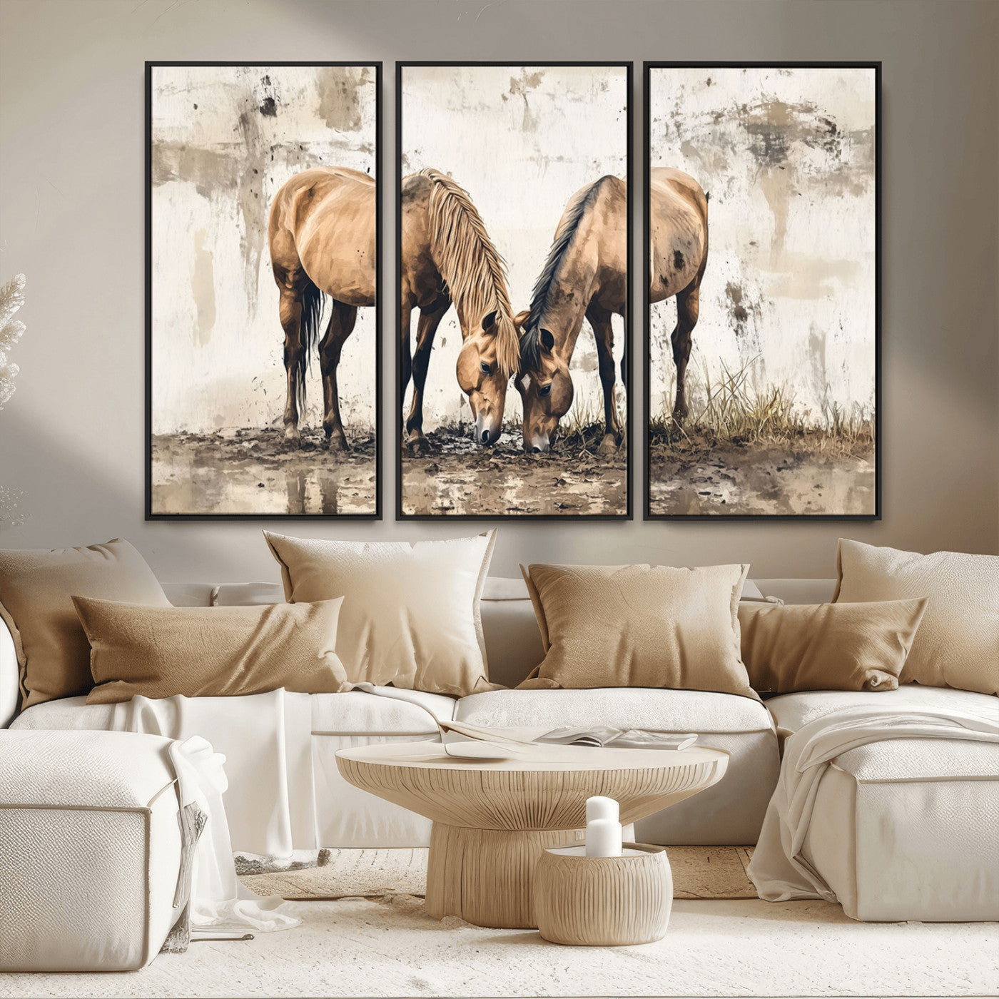 -Vintage Horses Wall Art | Ready to Hang and Framed Triptych | Western Farmhouse Wall Decor for