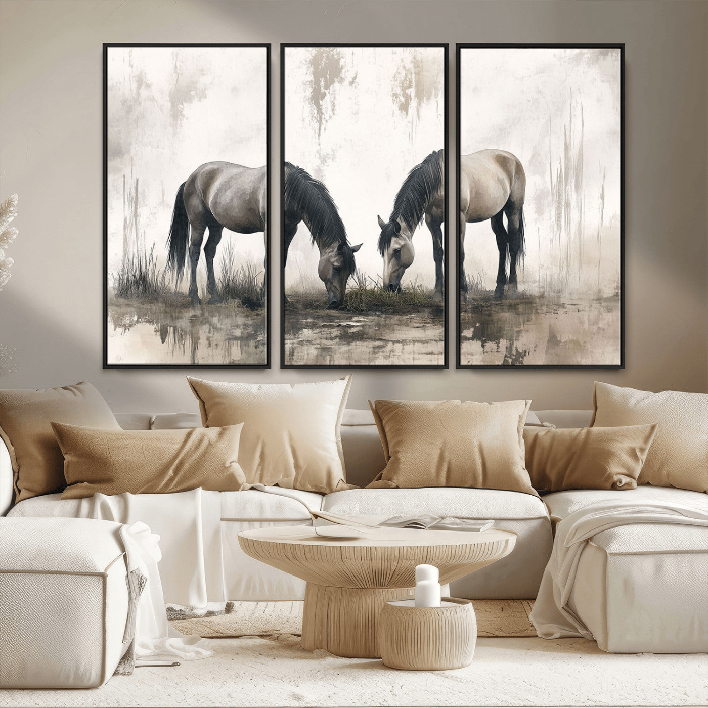 -Chines Ink Style Vintage Horses Wall Art Canvas Print for Farmhouse Wall Decor
