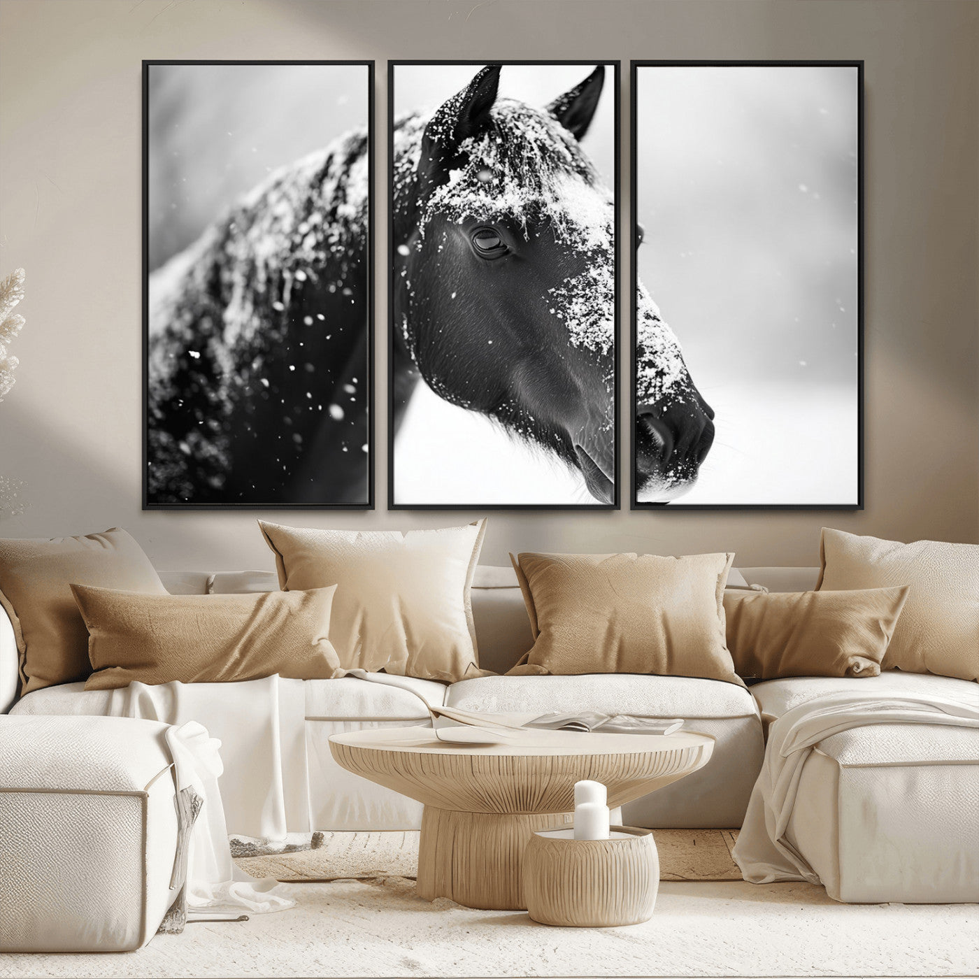 73377-MGV-FC-48X32-3P_Black-Horse Canvas Print - Winter Horse Snow Wall Art Canvas Print