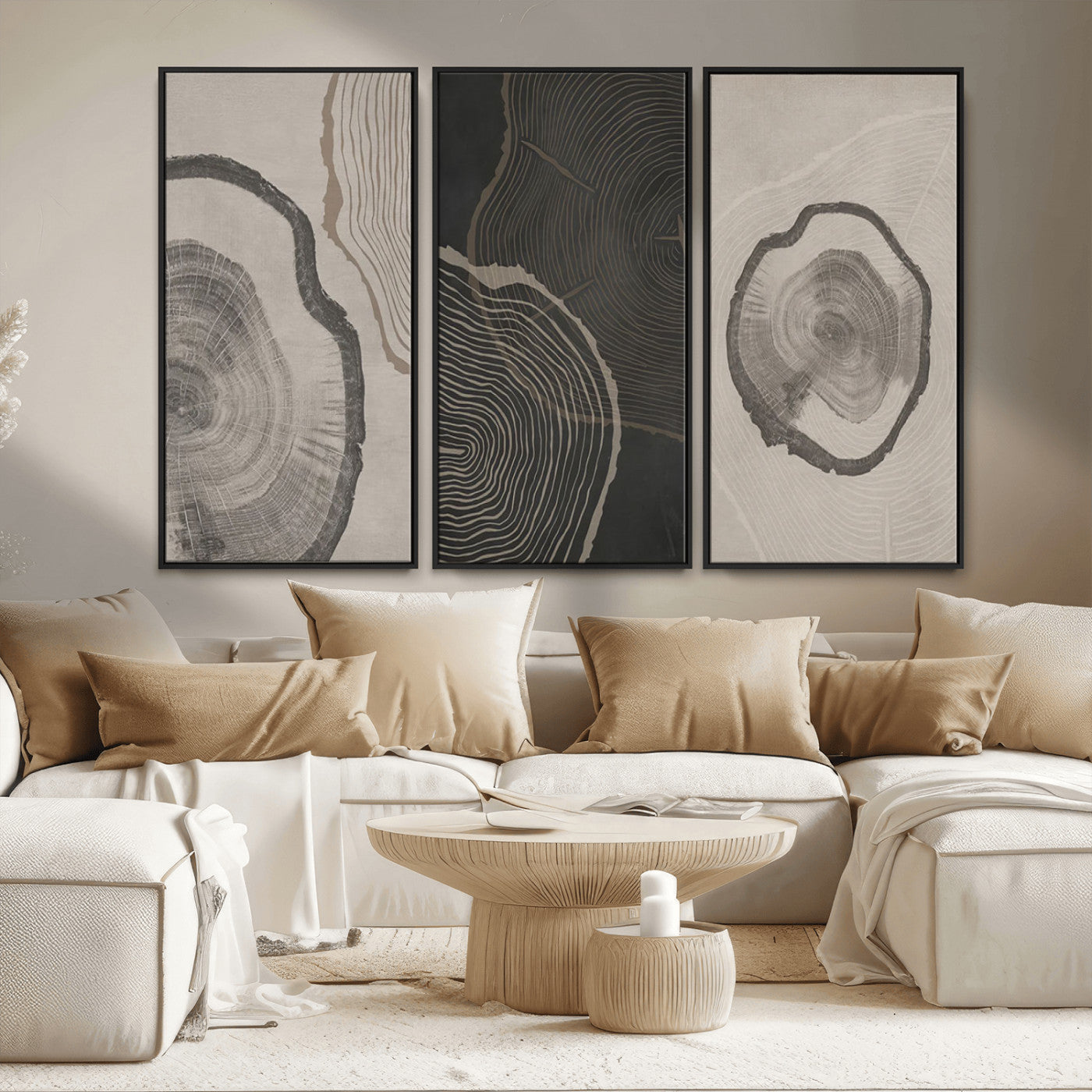 25407-MGV-FC-48X32-3P_Black-Modern Abstract Tree Ring Canvas Art Set | 3 Panel Large Tree Ring Design for Living Room, Office,