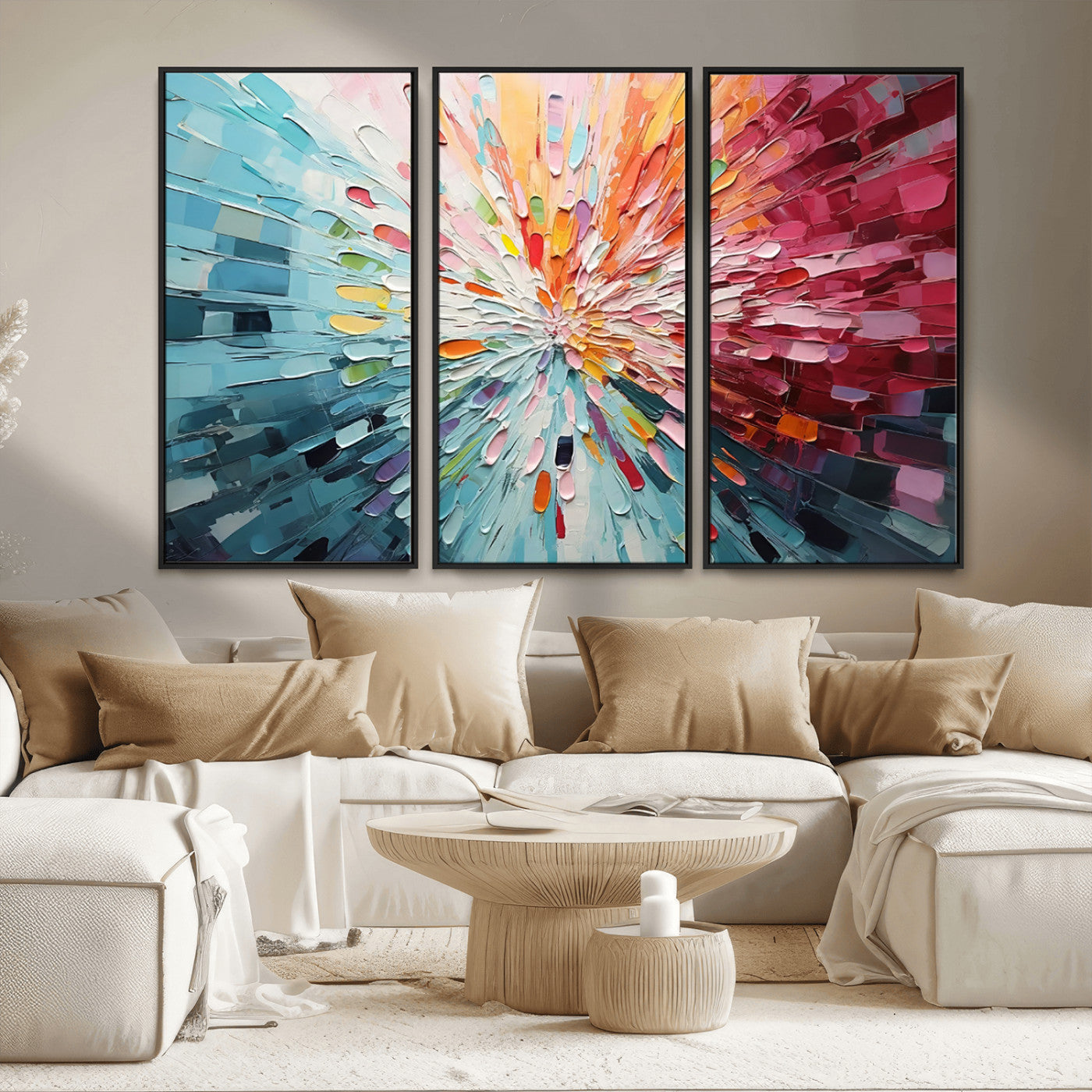 47065-MGV-FC-48X32-3P_Black-Radiant Bloom Abstract Floral Wall Art Canvas Print - Colorful Burst - Modern Living Room Decor -