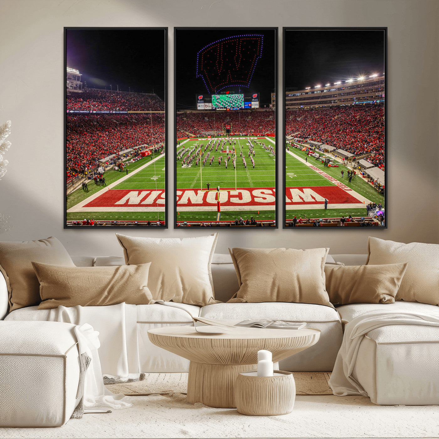 34125-MGV-FC-48X32-3P_Black-Wisconsin Badgers Football Team Print Canvas- Madison Camp Randall Stadium Wall Art Canvas Print