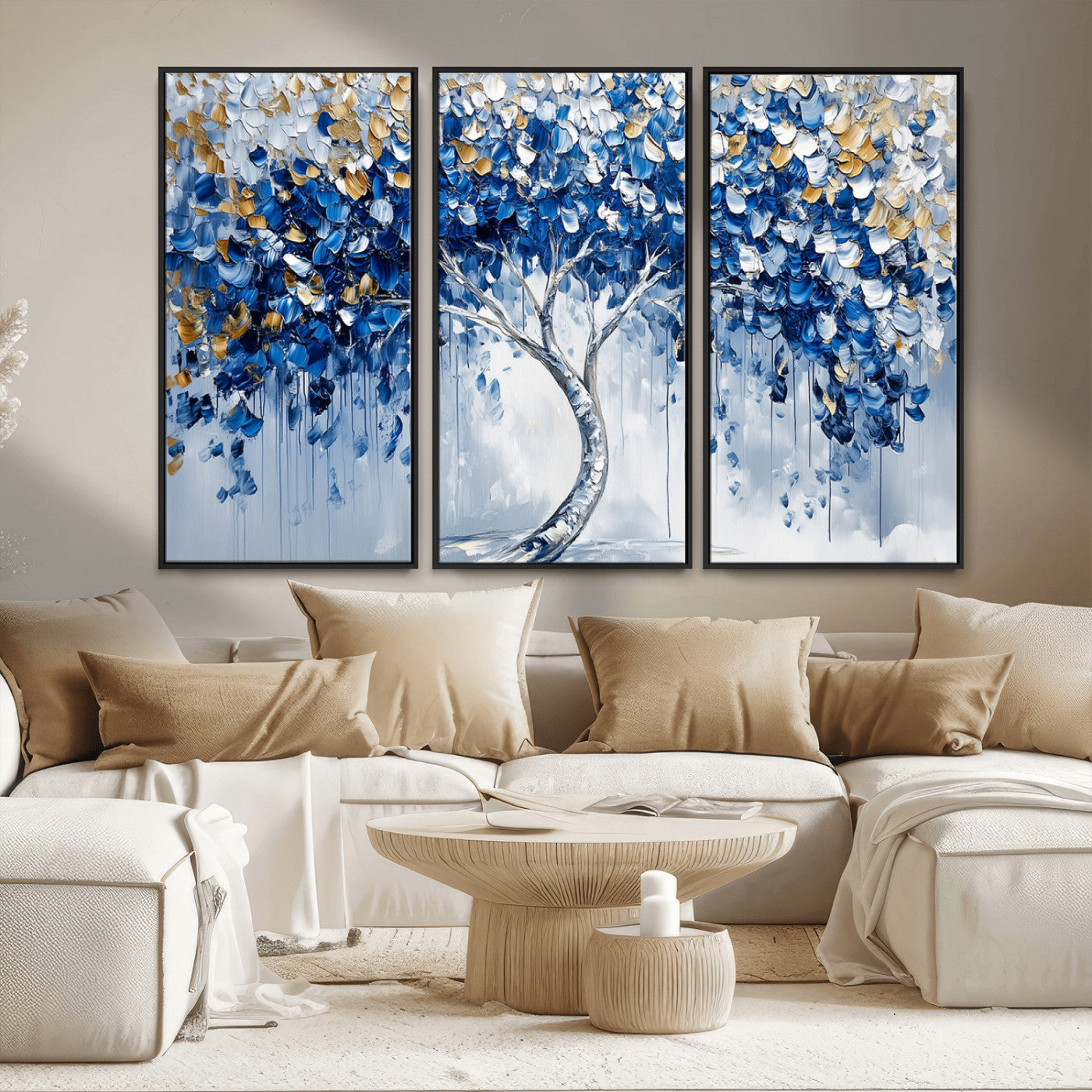 62350-MGV-FC-48X32-3P_Black-Blue and Gold Abstract Tree Wall Art Canvas Print | Modern Tree of Life Painting | Framed Canvas