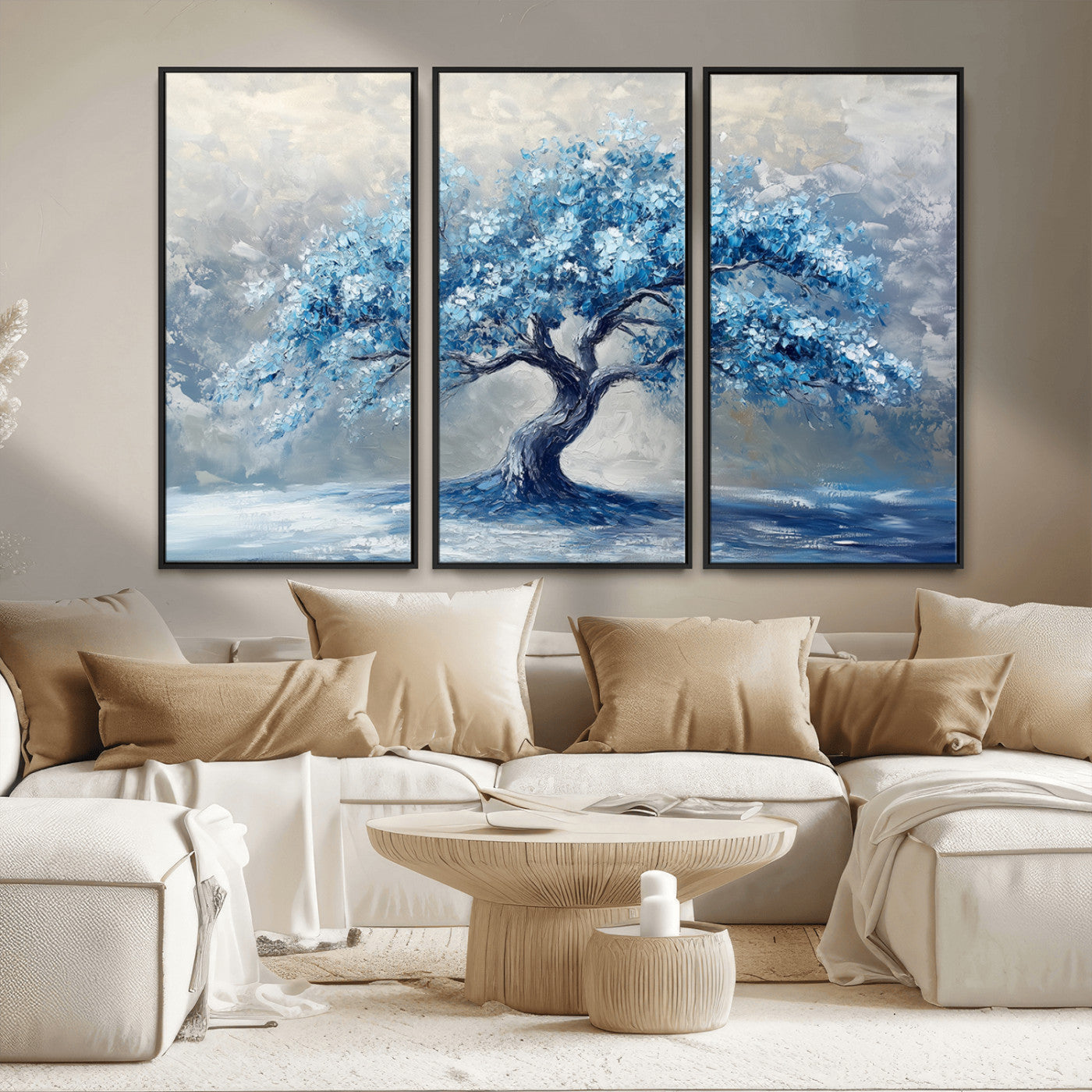 56105-MGV-FC-48X32-3P_Black-Abstract Blue Tree Art Canvas Print, Majestic Tree Wall Art Print for Farmhouse Decor