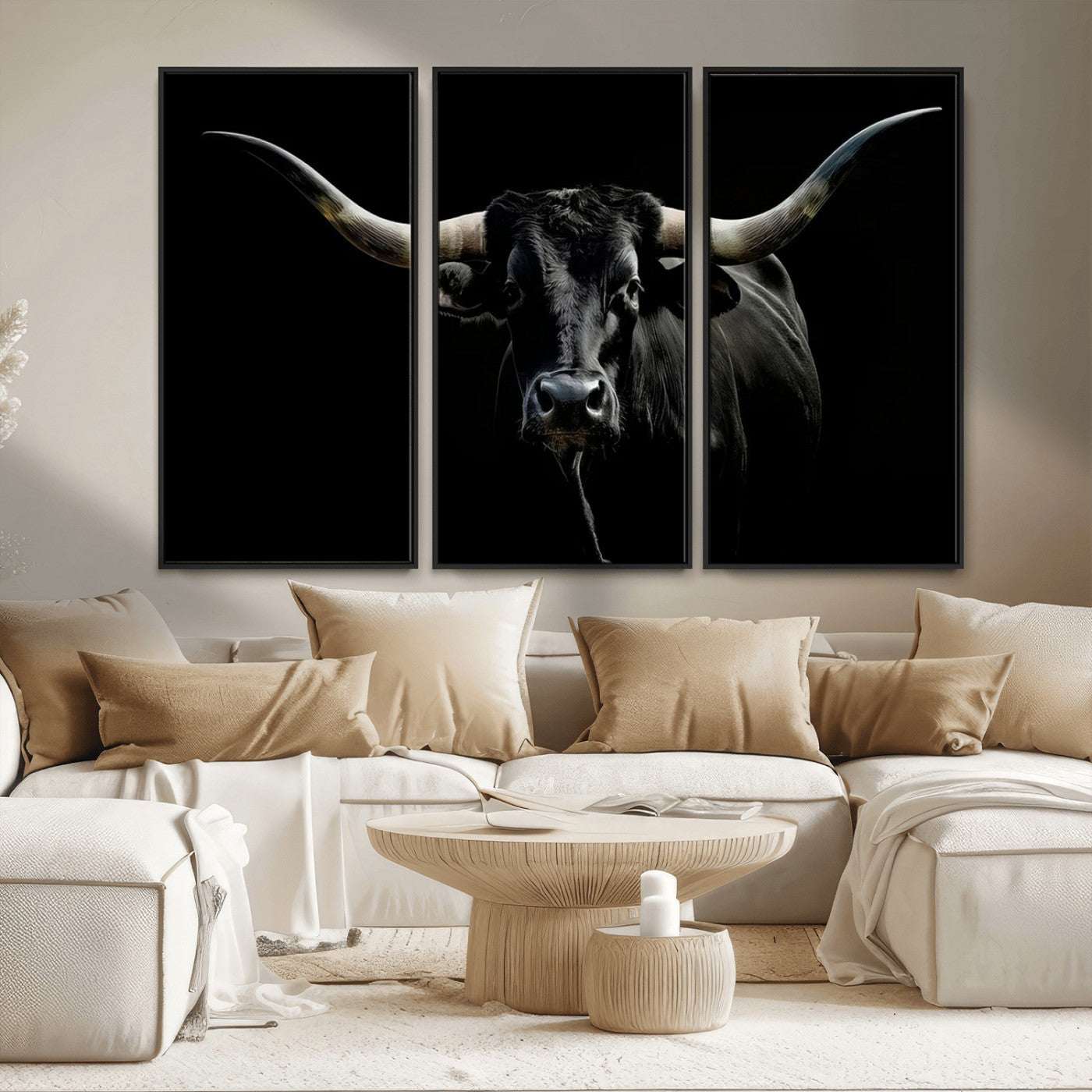 20679-MGV-FC-48X32-3P_Black-Texas Black Longhorn Bull Wall Art Canvas Print - Western Texas Cattle Rustic Decor Print - Longhorn
