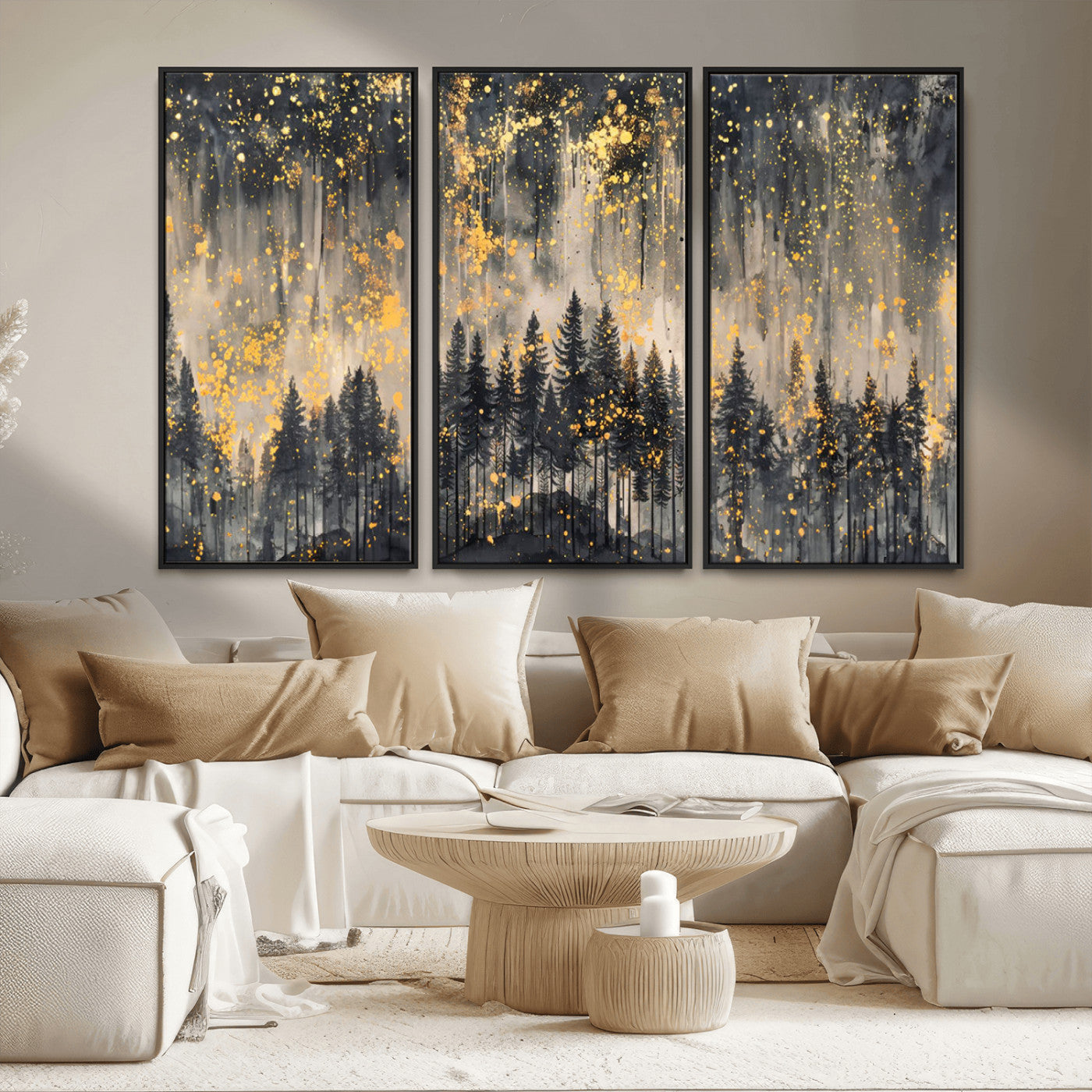 46049-MGV-FC-48X32-3P_Black-Golden Forest Abstract Wall Art | Dark Forest with Gold Splatter Accents | Triptych Ready to Hang