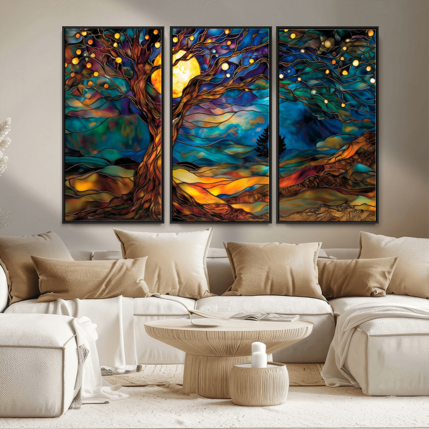 18319-MGV-FC-48X32-3P_Black-Tree of Life Wall Art - Yggdrasil Tree of Life Canvas Print - Vibrant Moonlit Tree Wall Art, Tree