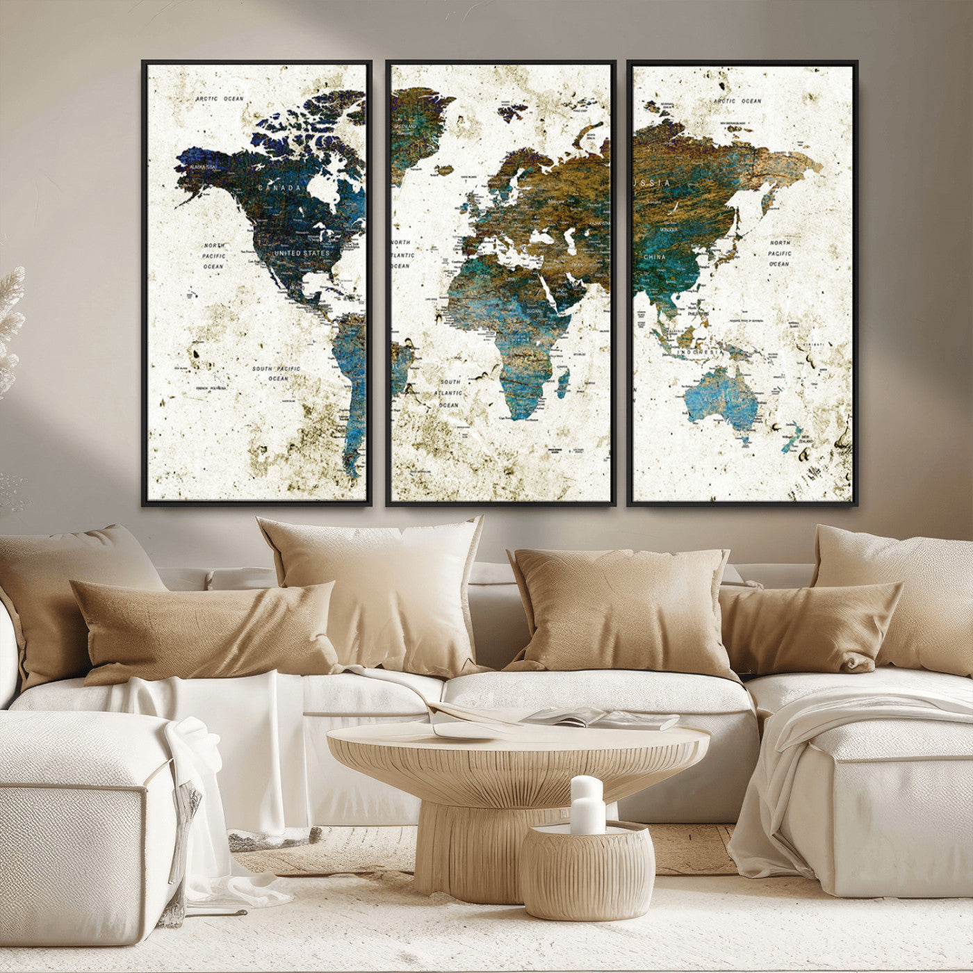89176-MGV-FC-48X32-3P_Black-Vintage Blue and Brown World Map Canvas Wall Art – Framed Rustic Map Print, Earth Tone Travel Decor for Stylish Home and Office Walls