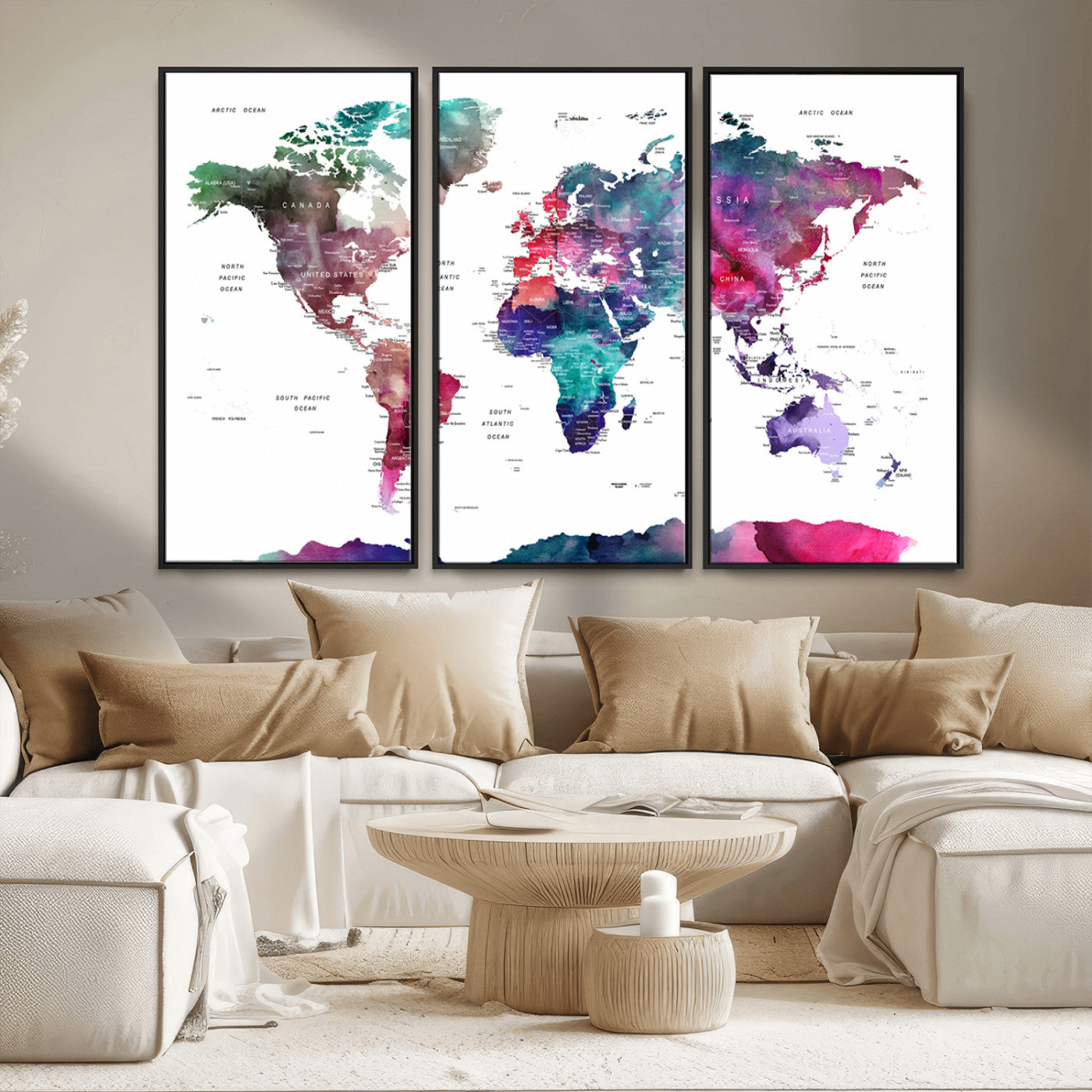 78176-MGV-FC-48X32-3P_Black-Colorful Watercolor World Map Canvas Wall Art – Framed Modern Map Print, Vibrant Travel Inspired Artwork for Home and Office Decor