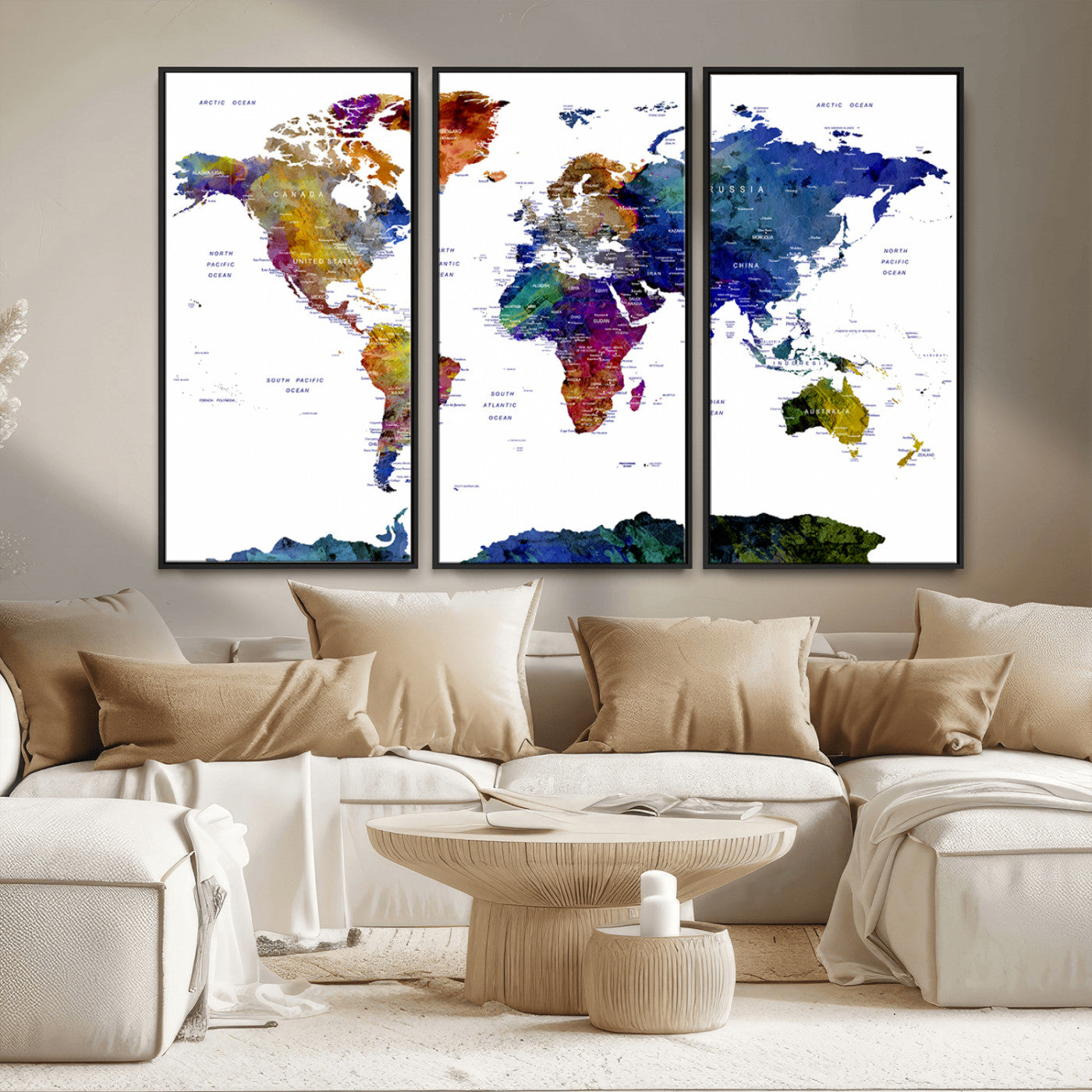 90446-MGV-FC-48X32-3P_Black-Colorful Watercolor World Map Canvas Wall Art – Framed Modern Push Pin Travel Map for Home and Office Decor