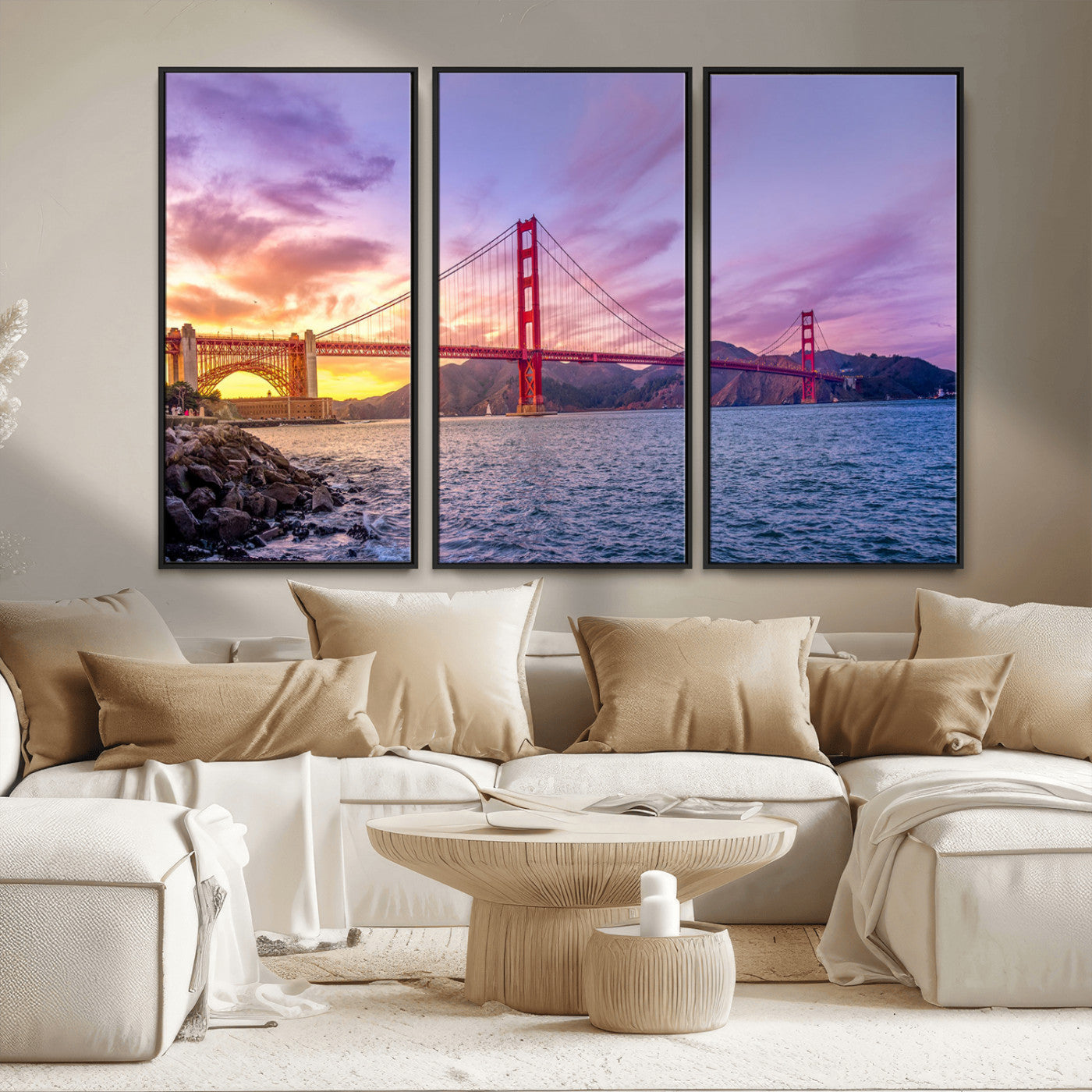 27106-MGV-FC-48X32-3P_Black-Golden Gate Bridge Wall Art Canvas Print – Framed San Francisco Sunset Scene with Cityscape Artwork for Home, Office