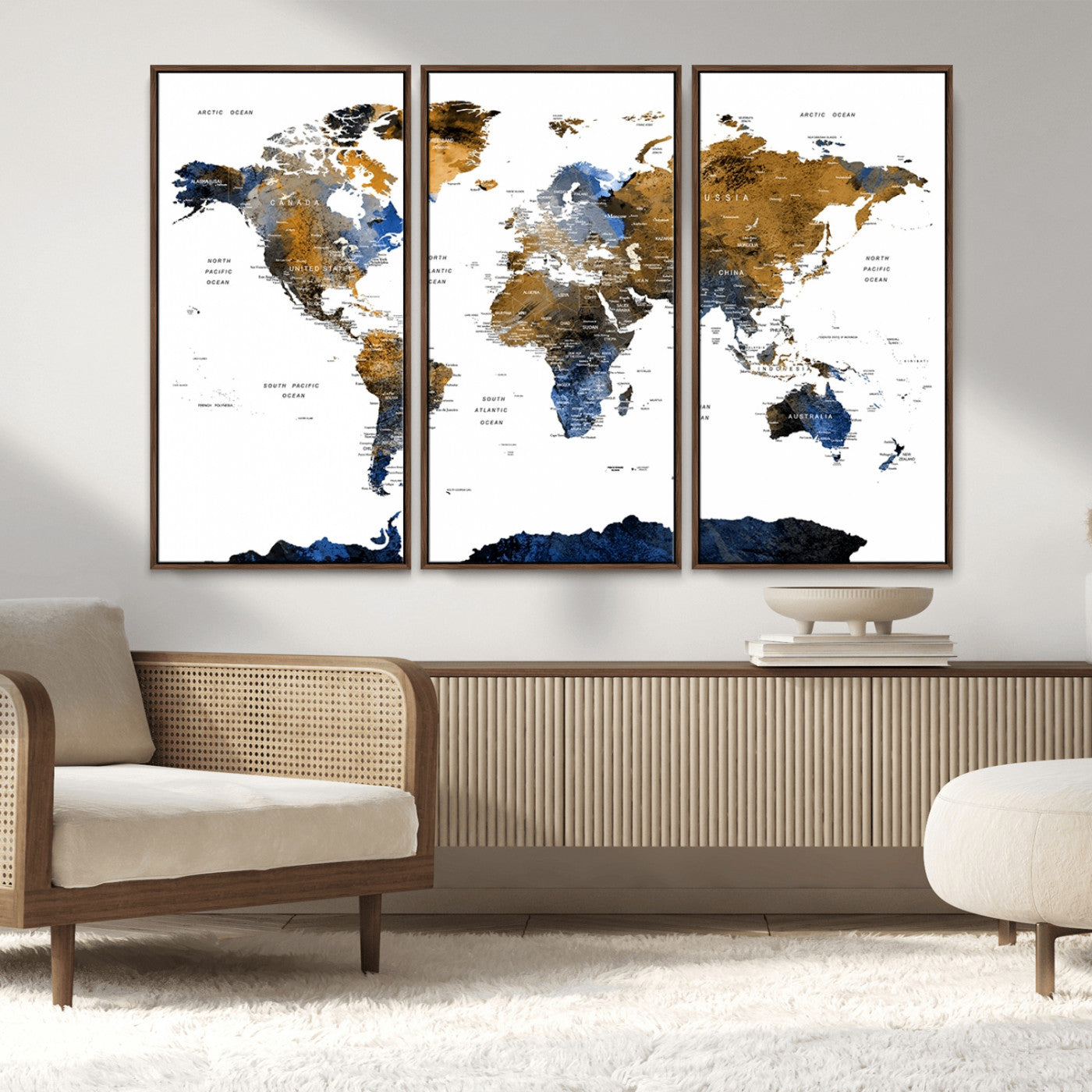 56231-MGV-FC-48X32-3P_Walnut-Navy and Gold World Map Canvas Wall Art – Framed Modern World Map Print, Elegant Travel Inspired Artwork for Home and Office Decor
