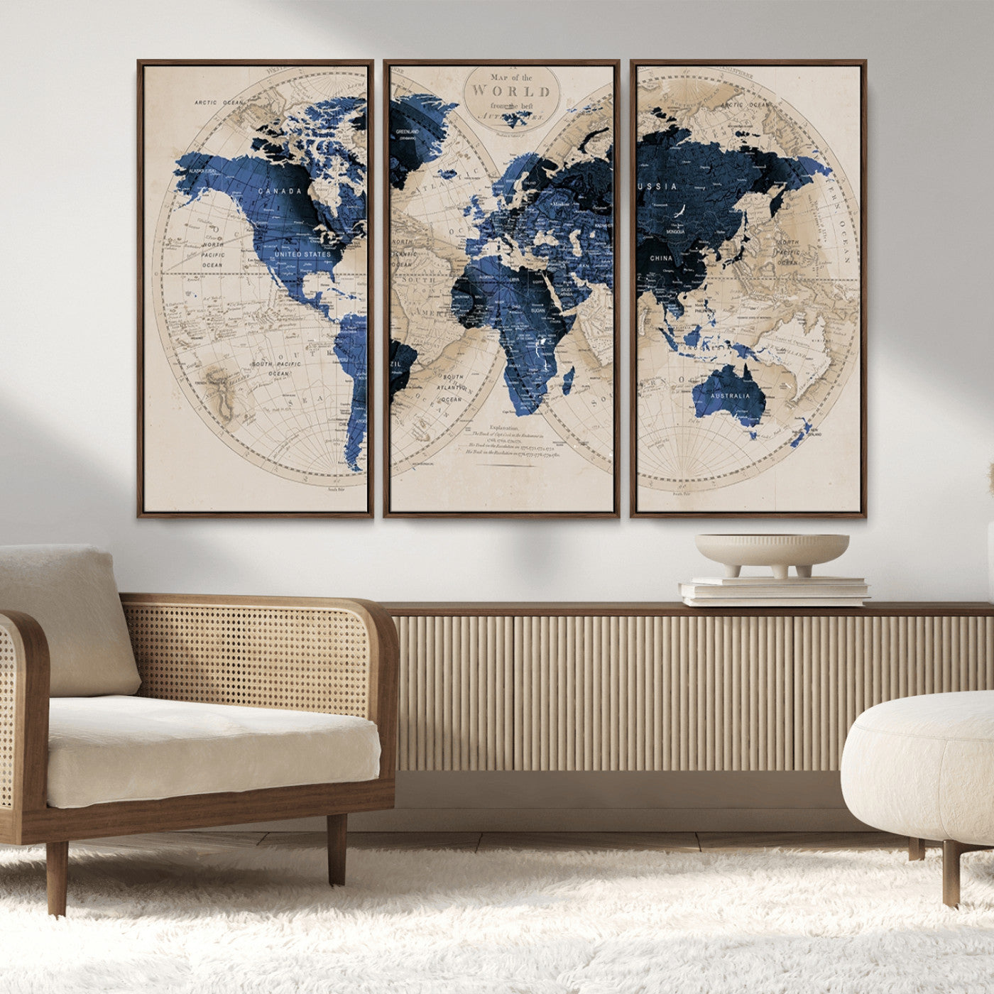 -Vintage Blue World Map Canvas Wall Art – Antique Style Framed Map Print, Elegant Travel Decor for Home Office or Study