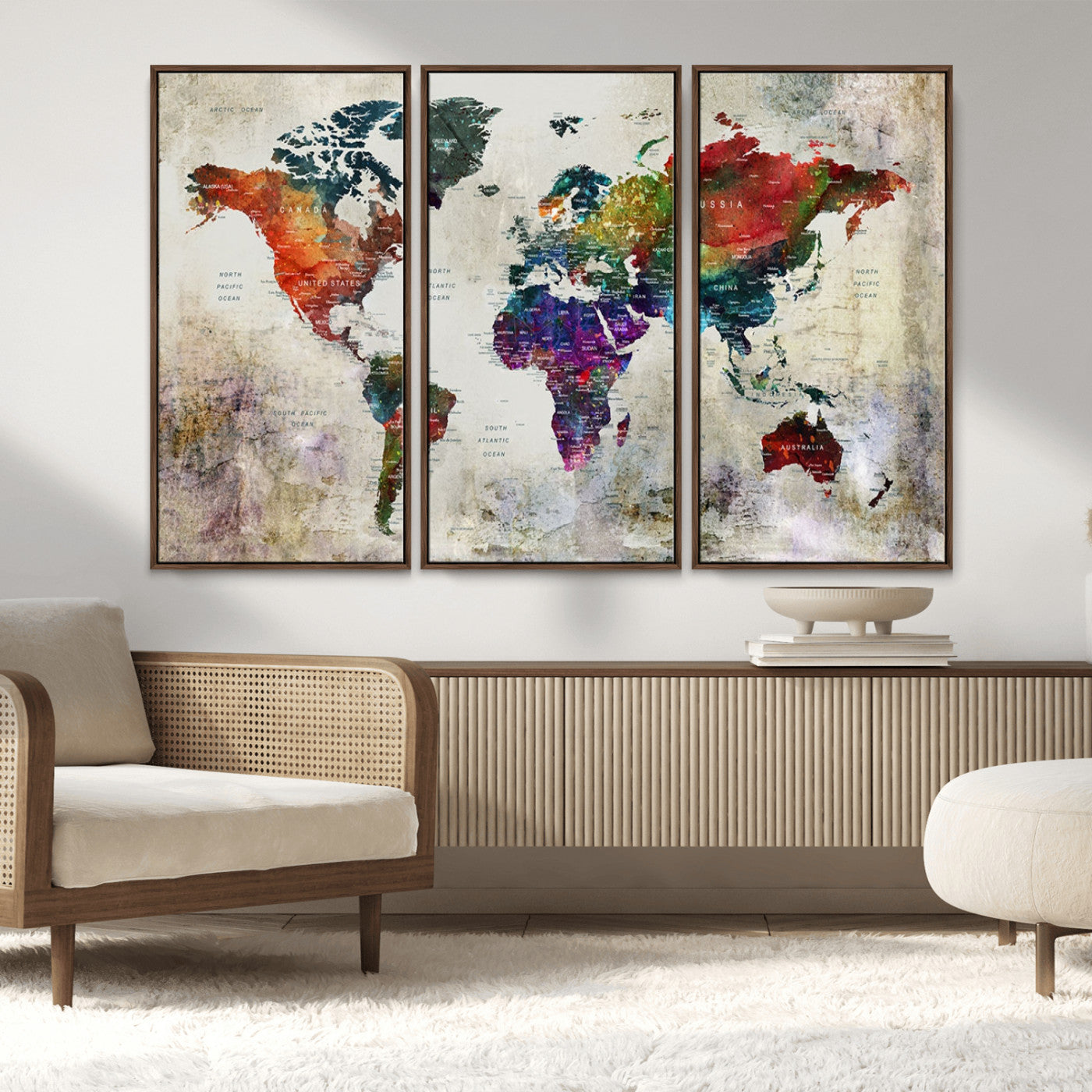 83409-MGV-FC-48X32-3P_Walnut-Push Pin World Map Canvas Print – Framed Travel Map Wall Art for Couples, Anniversary Gift, Modern Home or Office Decor