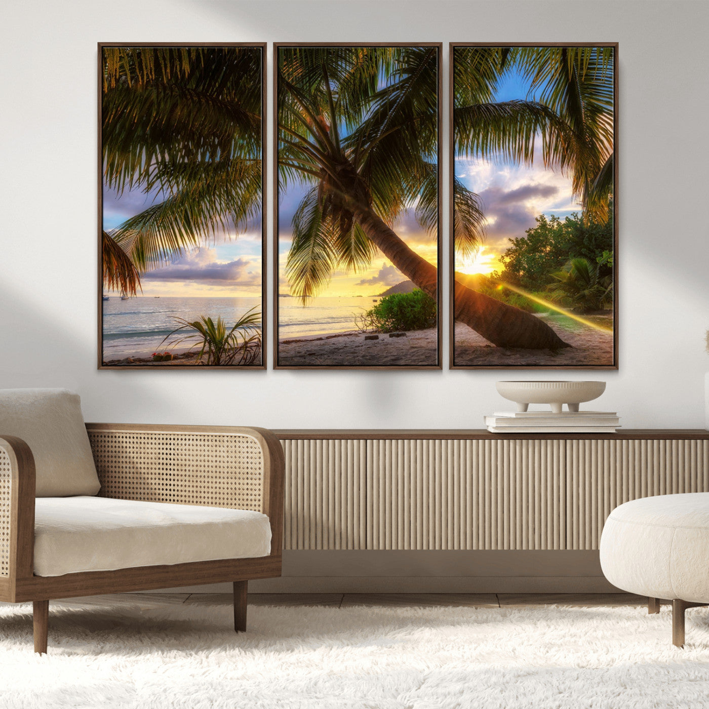 49751-MGV-FC-48X32-3P_Walnut-Tropical Island Sunset on the Beach Palms Wall Art Canvas Print
