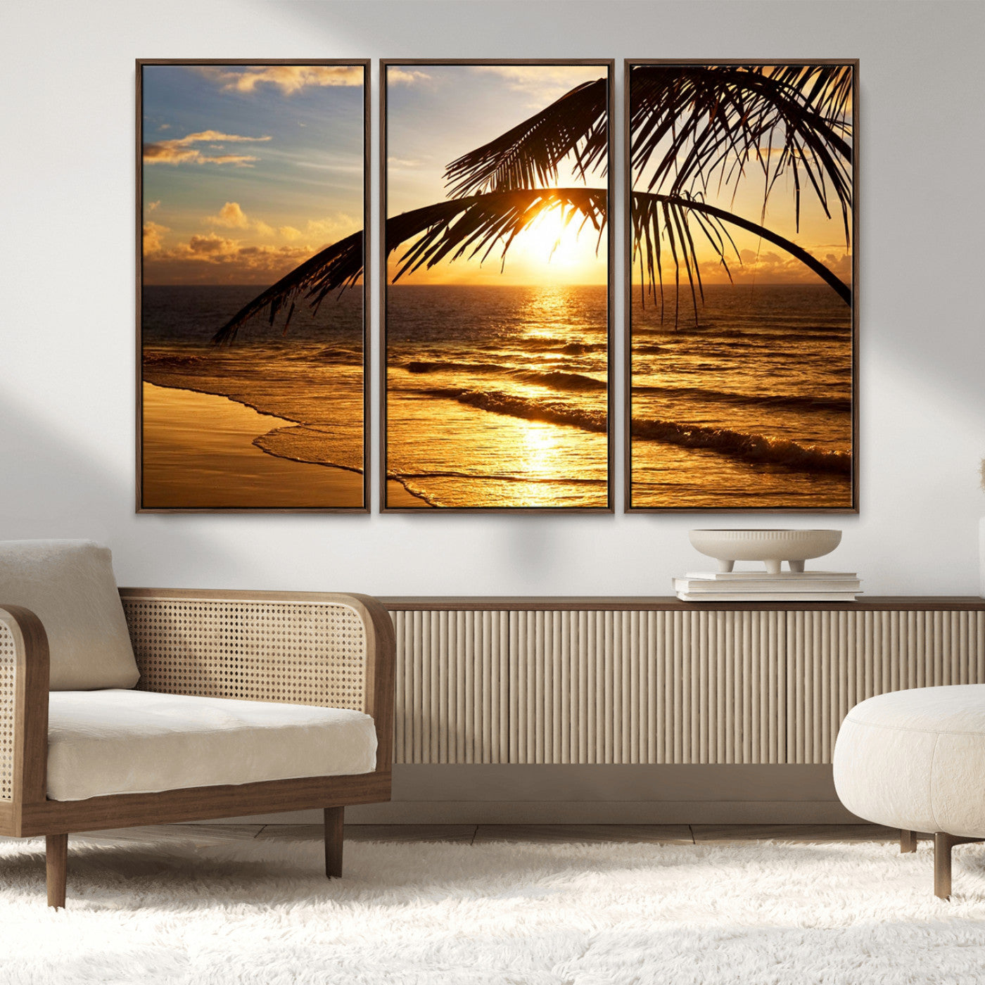 -Golden Tropical Beach Sunset Canvas Triptych, Coastal Palm Tree Wall Art, Ocean Shoreline Giclee
