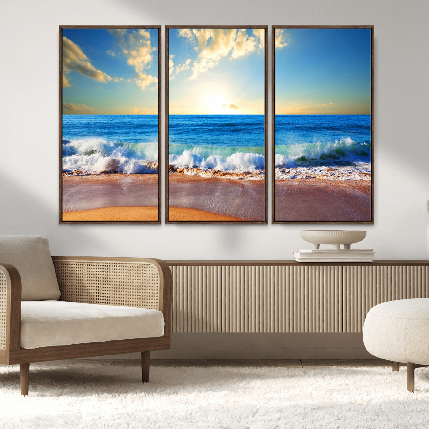 -Tropical Beach Sunset Canvas Art, Ocean Waves and Sandy Shoreline Wall Art, Large Beach Decor for