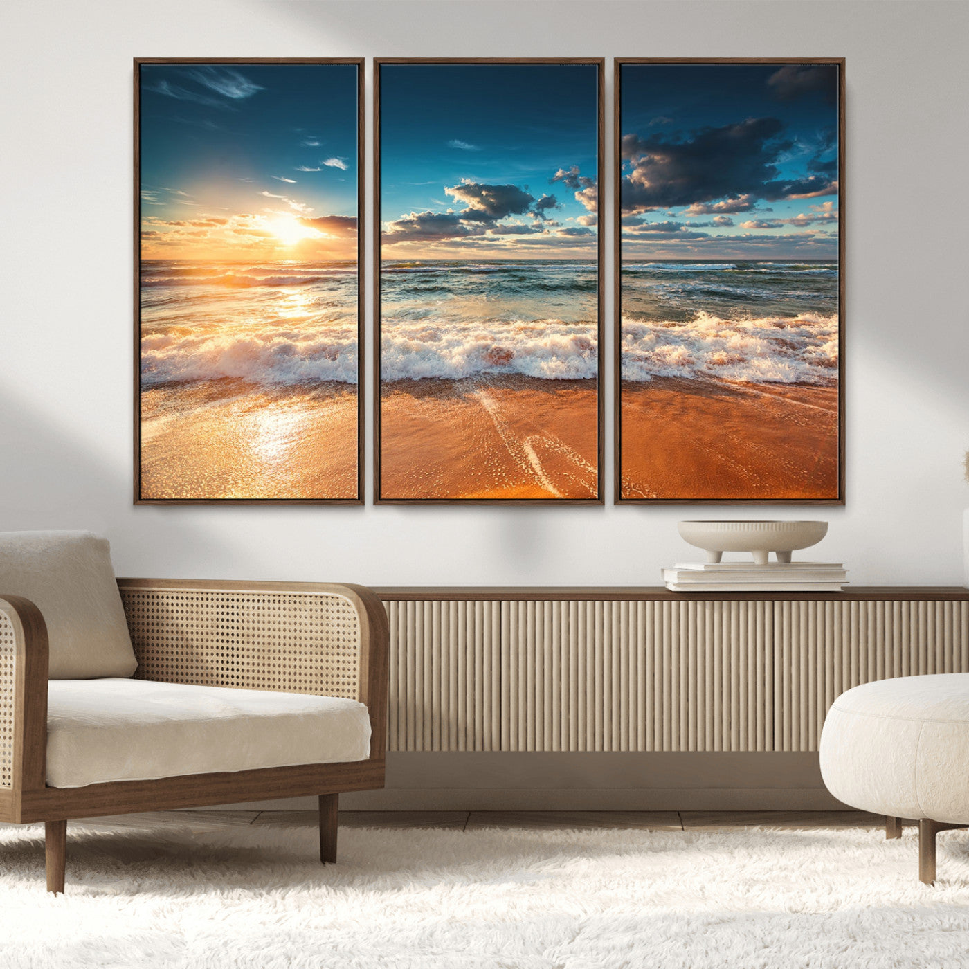 35648-MGV-FC-48X32-3P_Walnut-Golden Sunset Beach Triptych Canvas Art, Giclee Coastal Wall Decor, Ocean Waves Print, Modern Beach
