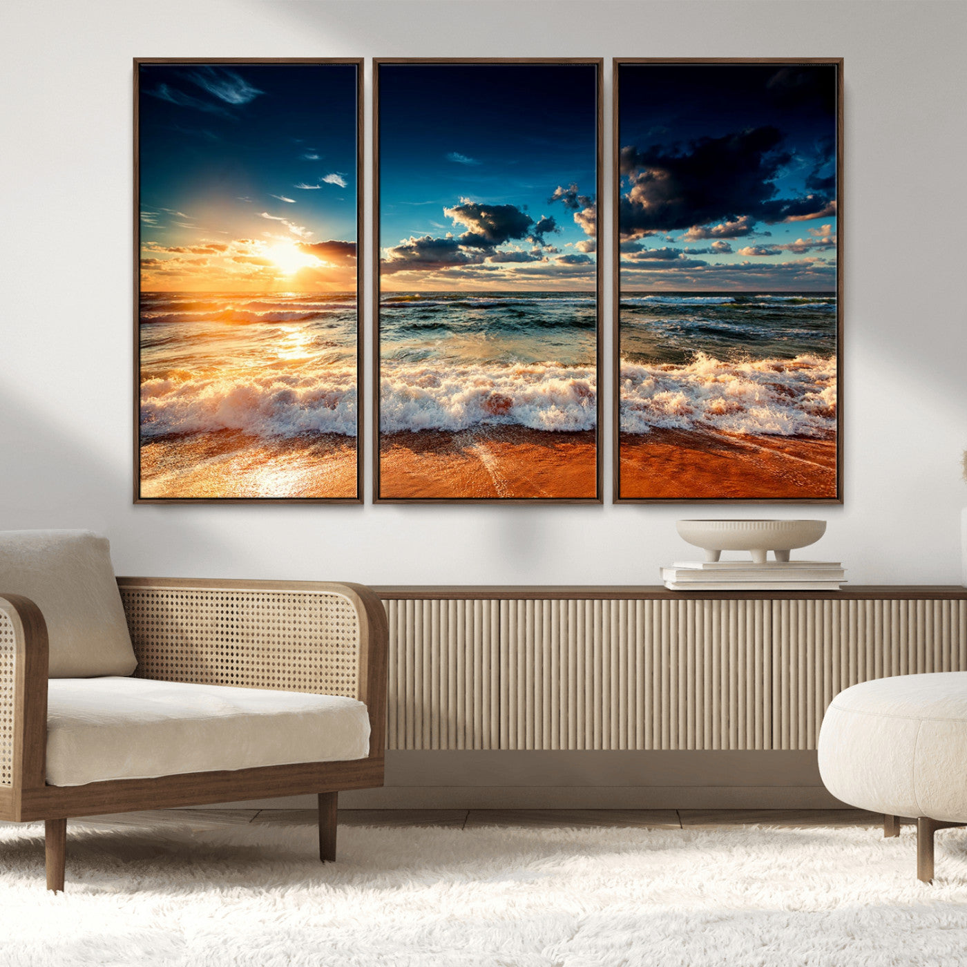 26996-MGV-FC-48X32-3P_Walnut-Golden Hour Sunset Over Ocean Waves Wall Art Canvas Print | 3 Panel Coastal Landscape Canvas Wall